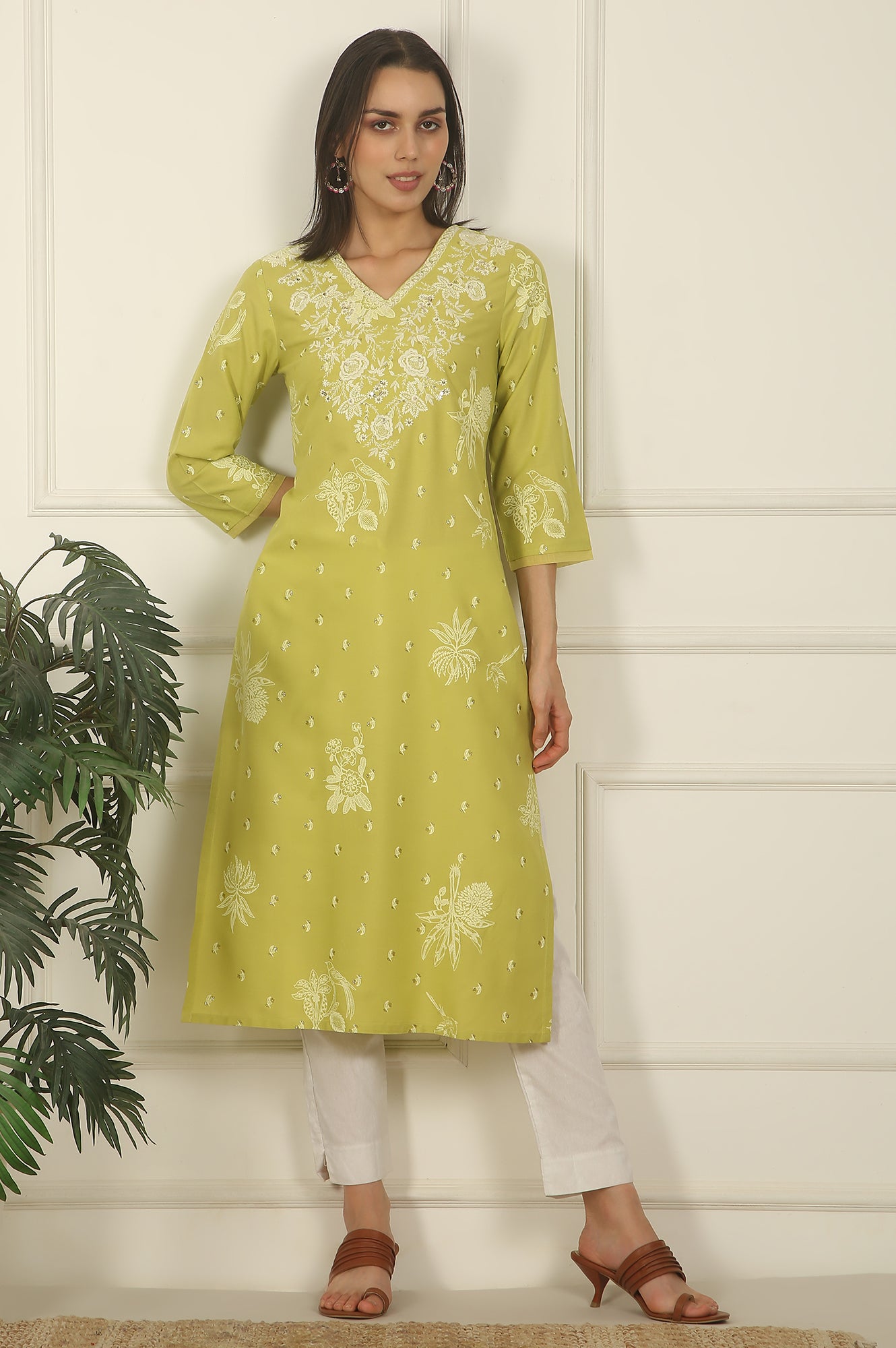 Green Floral Printed Rayon Straight Kurta with Embroidered Yoke