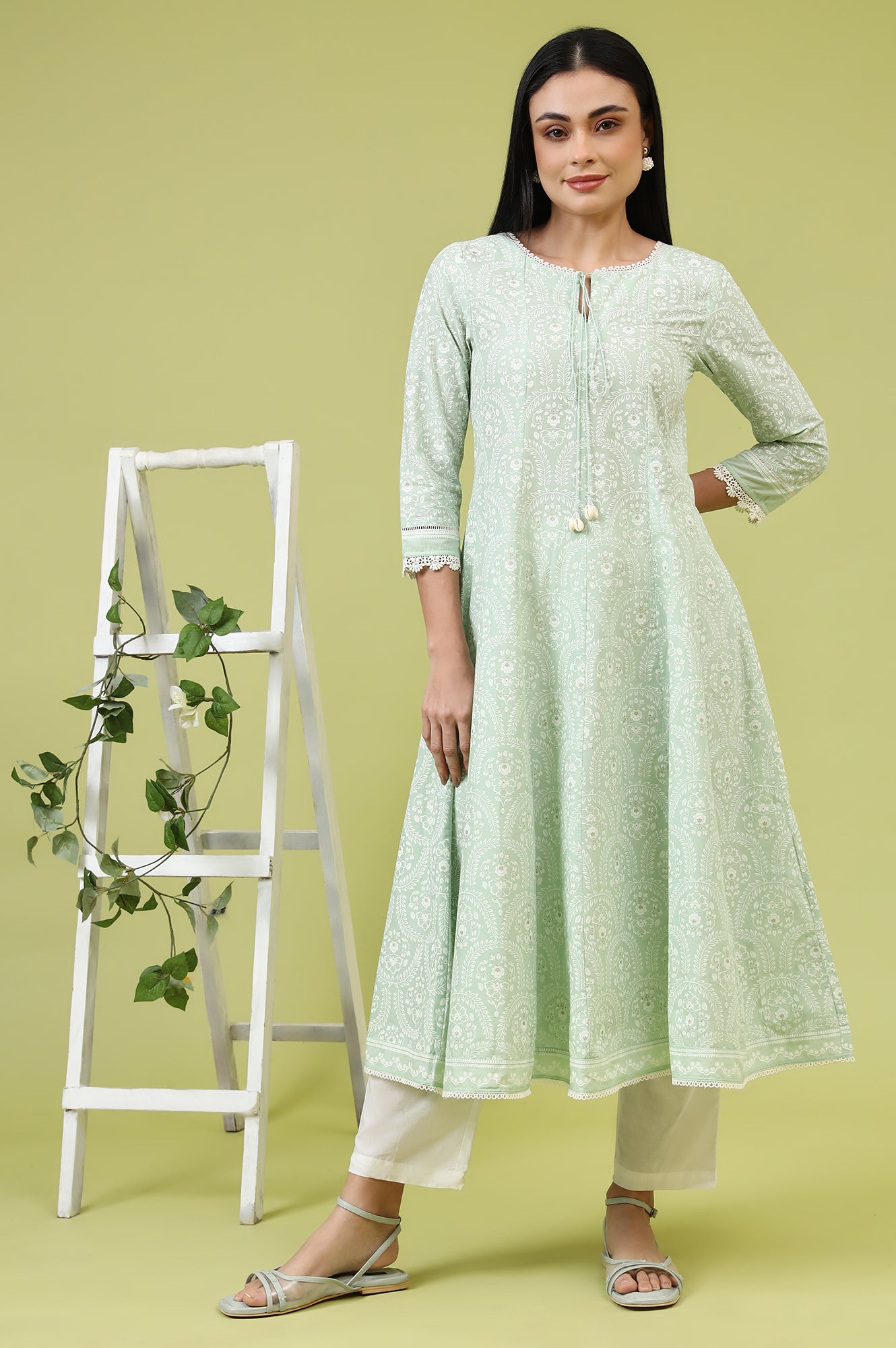 Mint Green Floral Printed Pure Cotton Anarkali Kurta