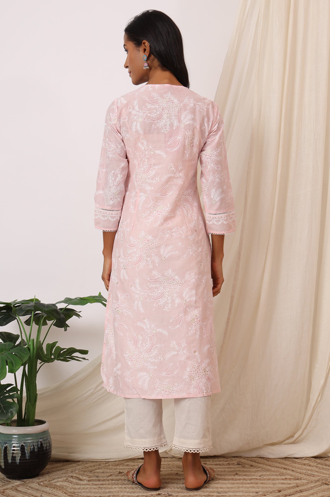 Light Pink Floral Printed Pure Cotton A-line Kurta with Lace