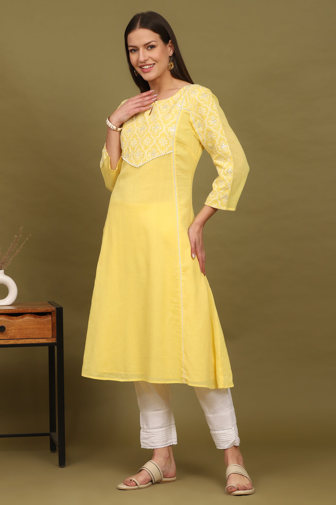 Daffodil Yellow Embroidered Yoke Crinkle Cotton Flared Kurta