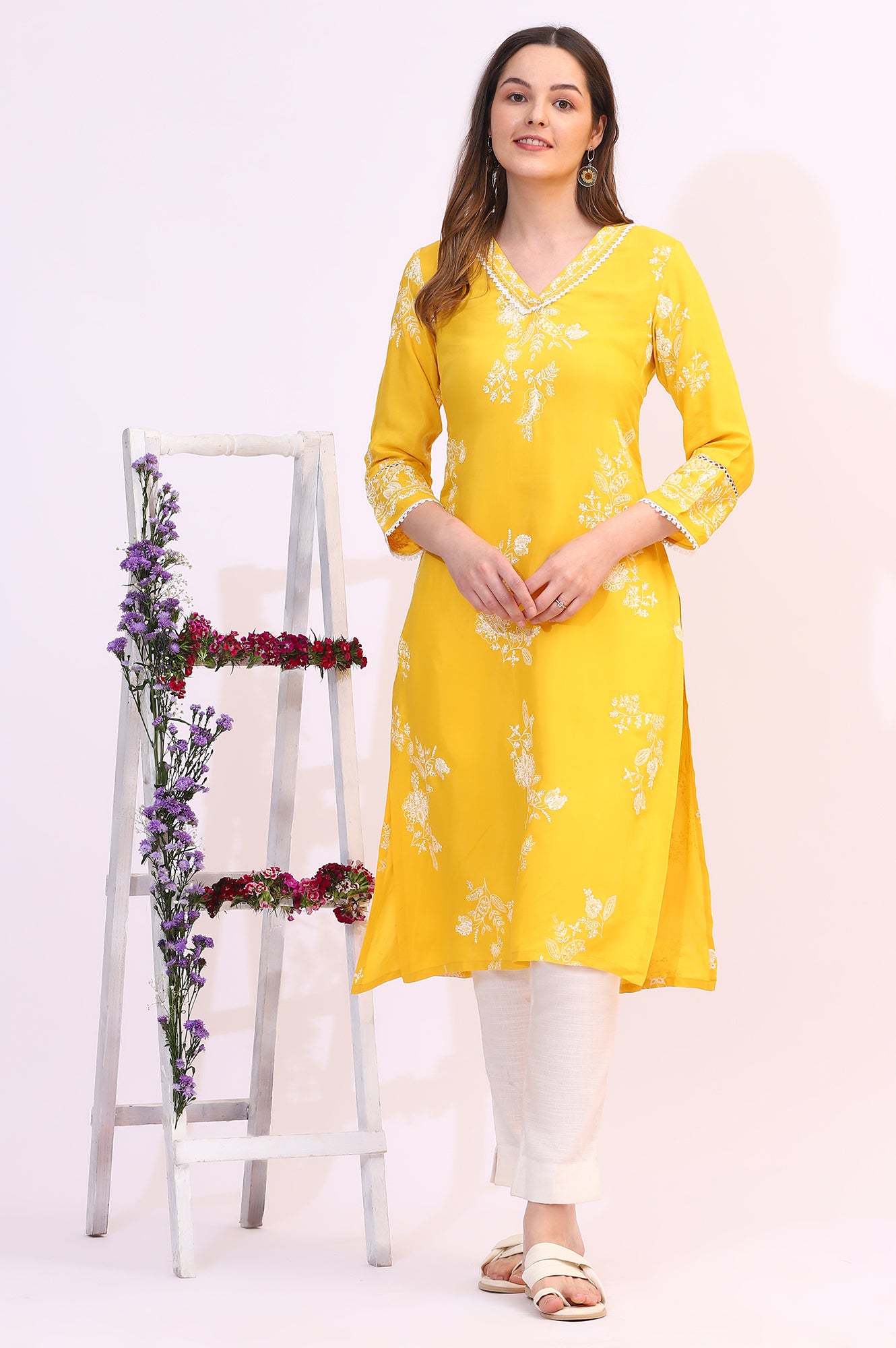 Mango Yellow Floral Printed Shantung A-line Kurta