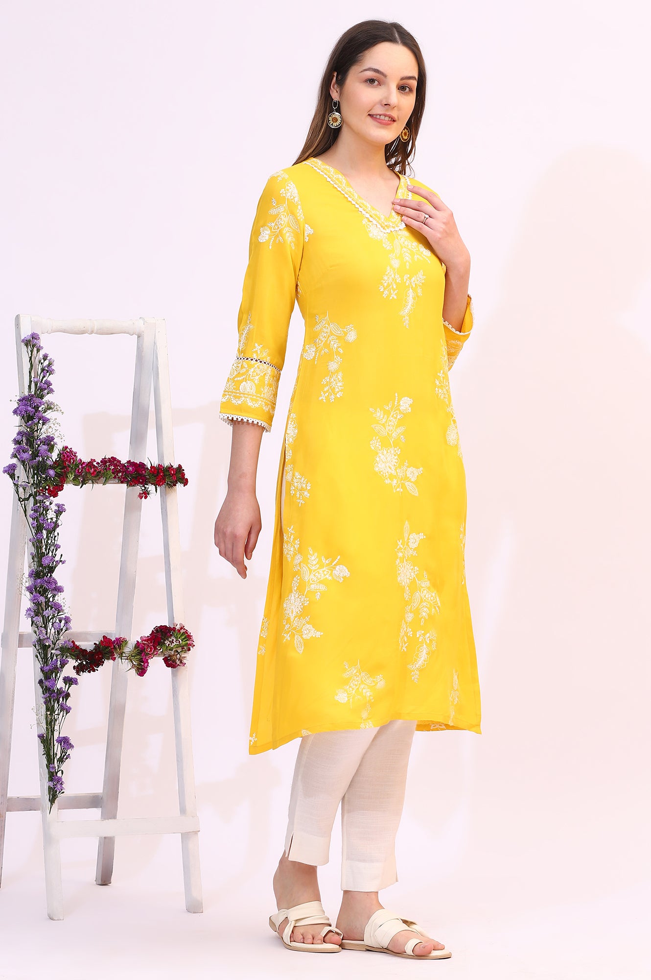 Mango Yellow Floral Printed Shantung A-line Kurta