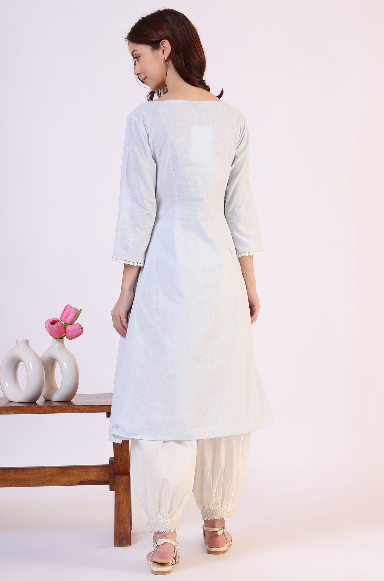 Blue Solid A-Line Pure Cotton Kurta