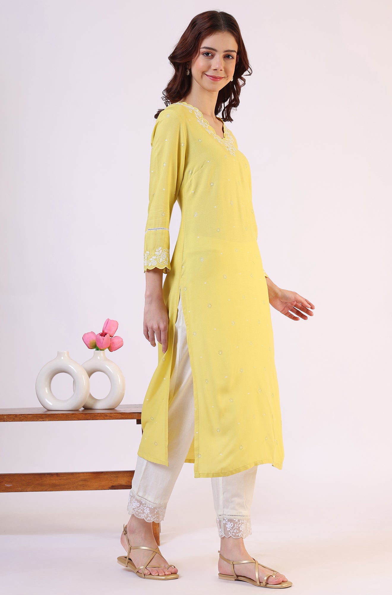 Yellow Floral Printed A-Line Viscose Kurta