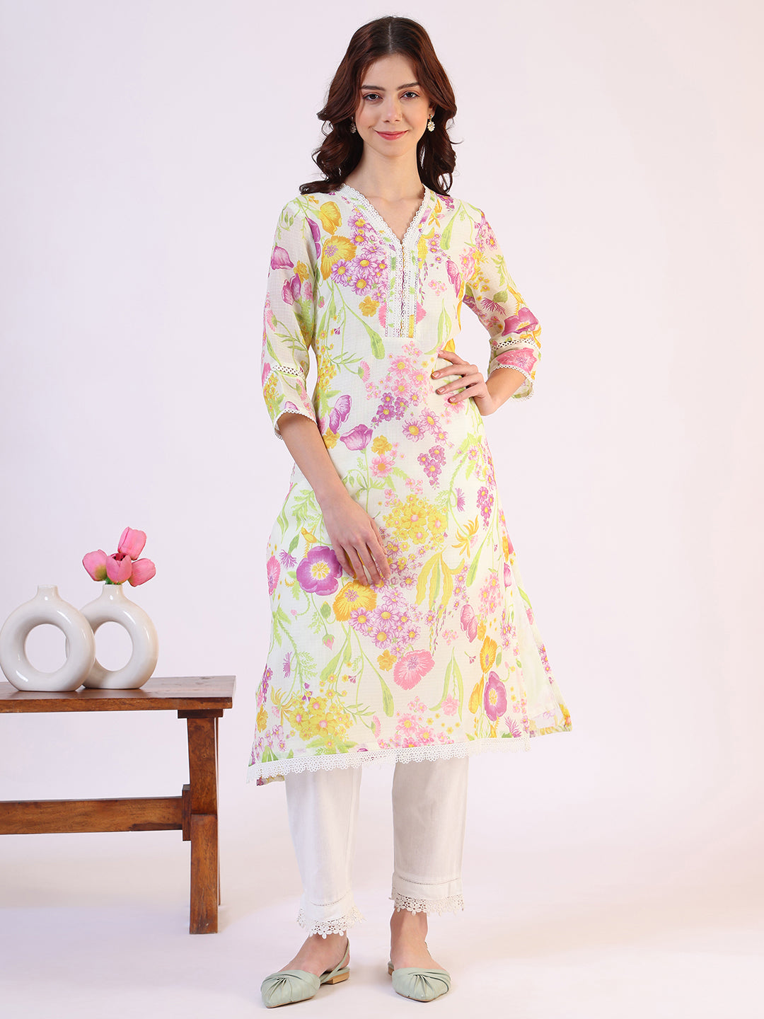 Cream Floral Printed Straight Kota Lace Kurta