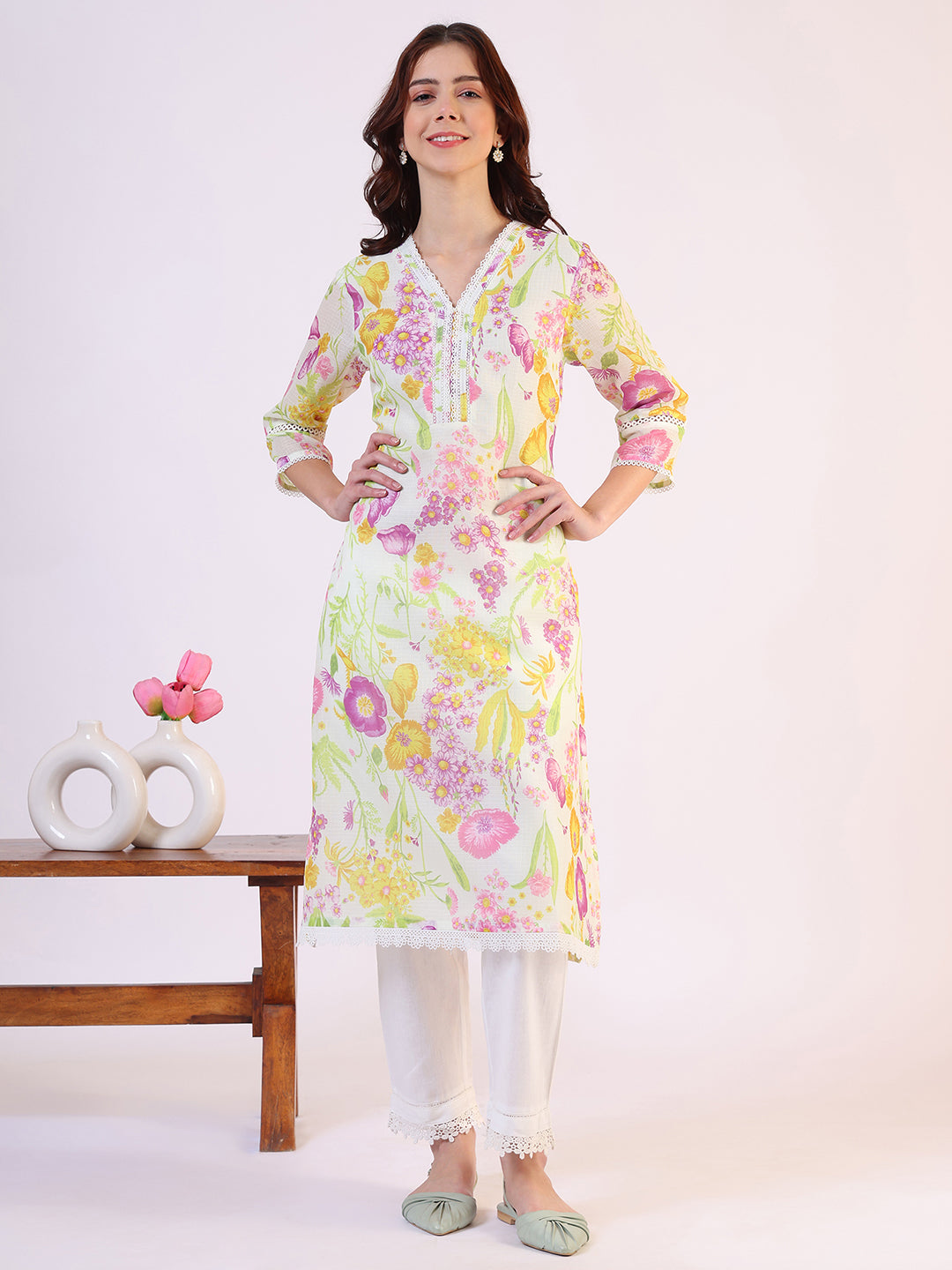 Cream Floral Printed Straight Kota Lace Kurta