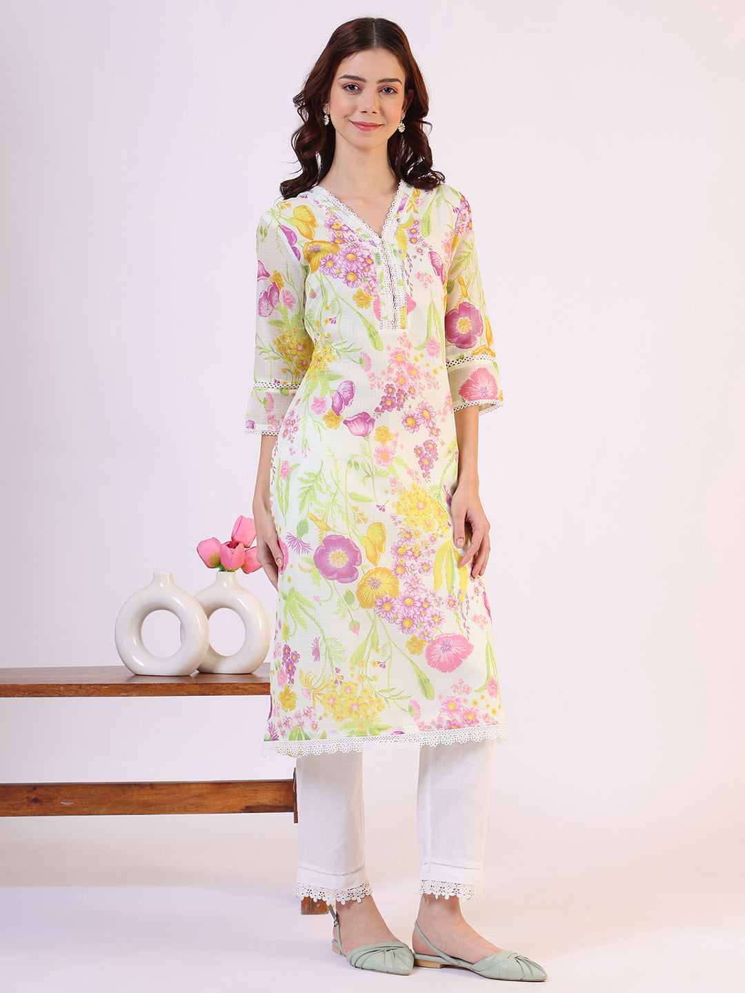 Cream Floral Printed Straight Kota Lace Kurta