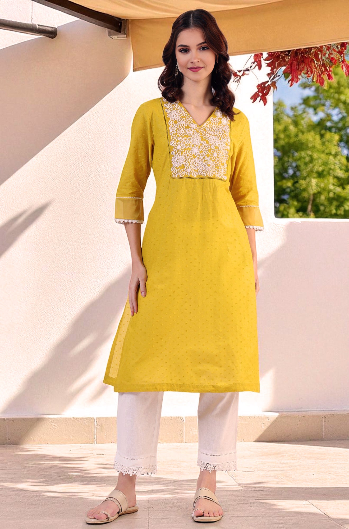 Yellow Solid Straight Pure Cotton Kurta