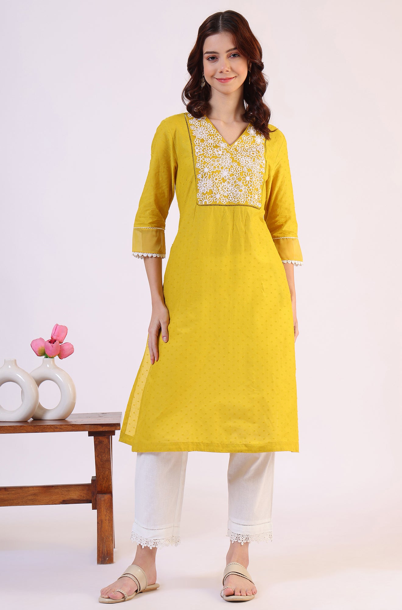 Yellow Solid Straight Pure Cotton Kurta