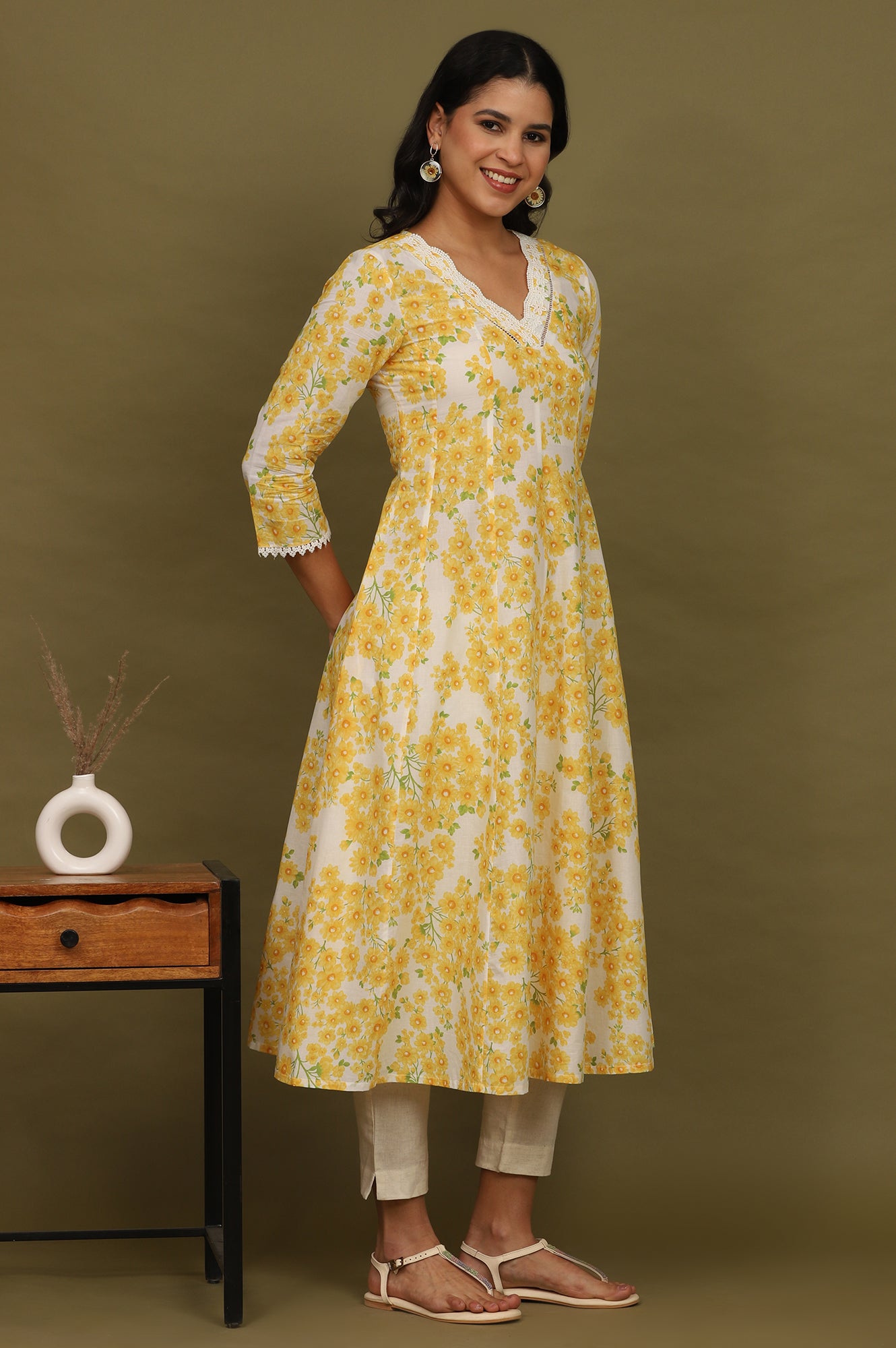 White and Yellow Floral Printed Pure Cotton Flared Kurta
