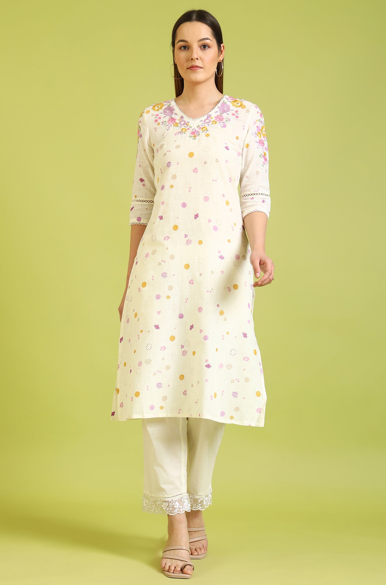 White Floral Printed A-Line Pure Cotton Kurta