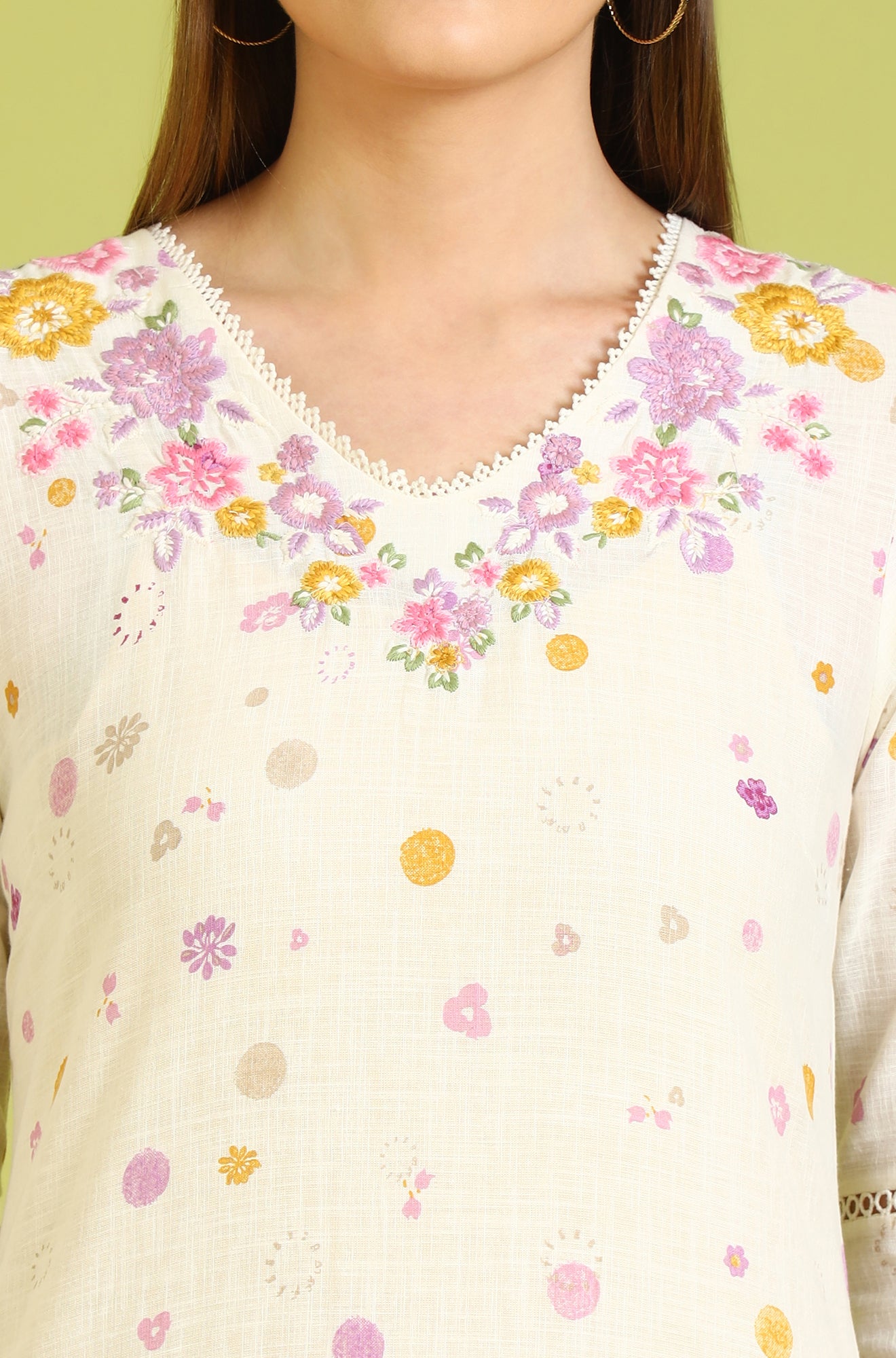 White Floral Printed A-Line Pure Cotton Kurta