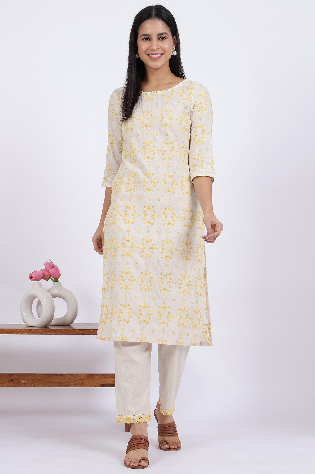 Beige Schiffli Embroidered Straight Rayon Flax Kurta