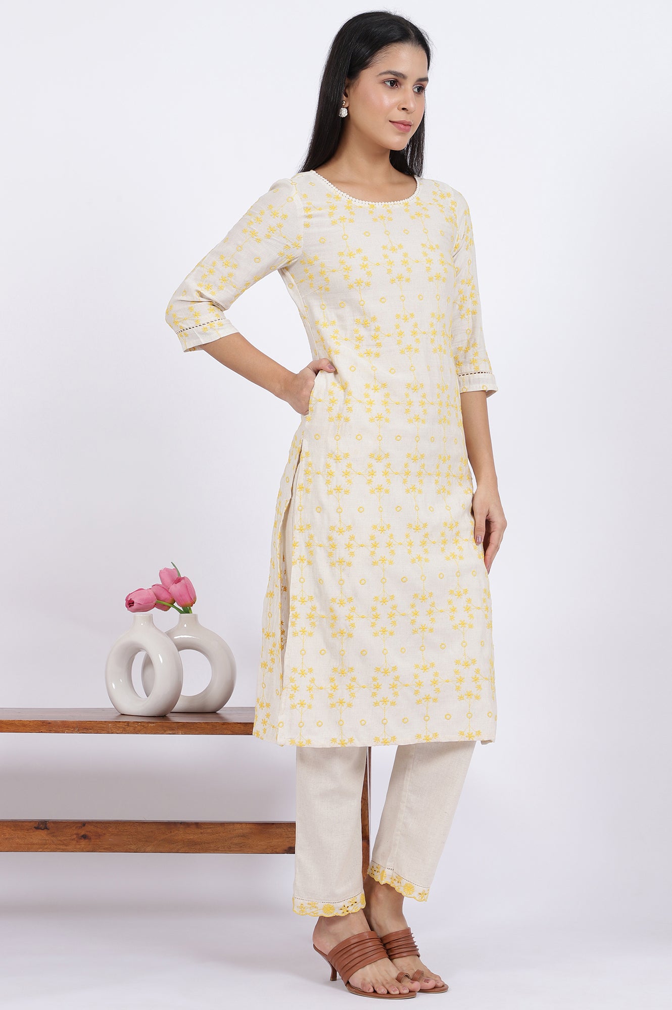 Beige Schiffli Embroidered Straight Rayon Flax Kurta