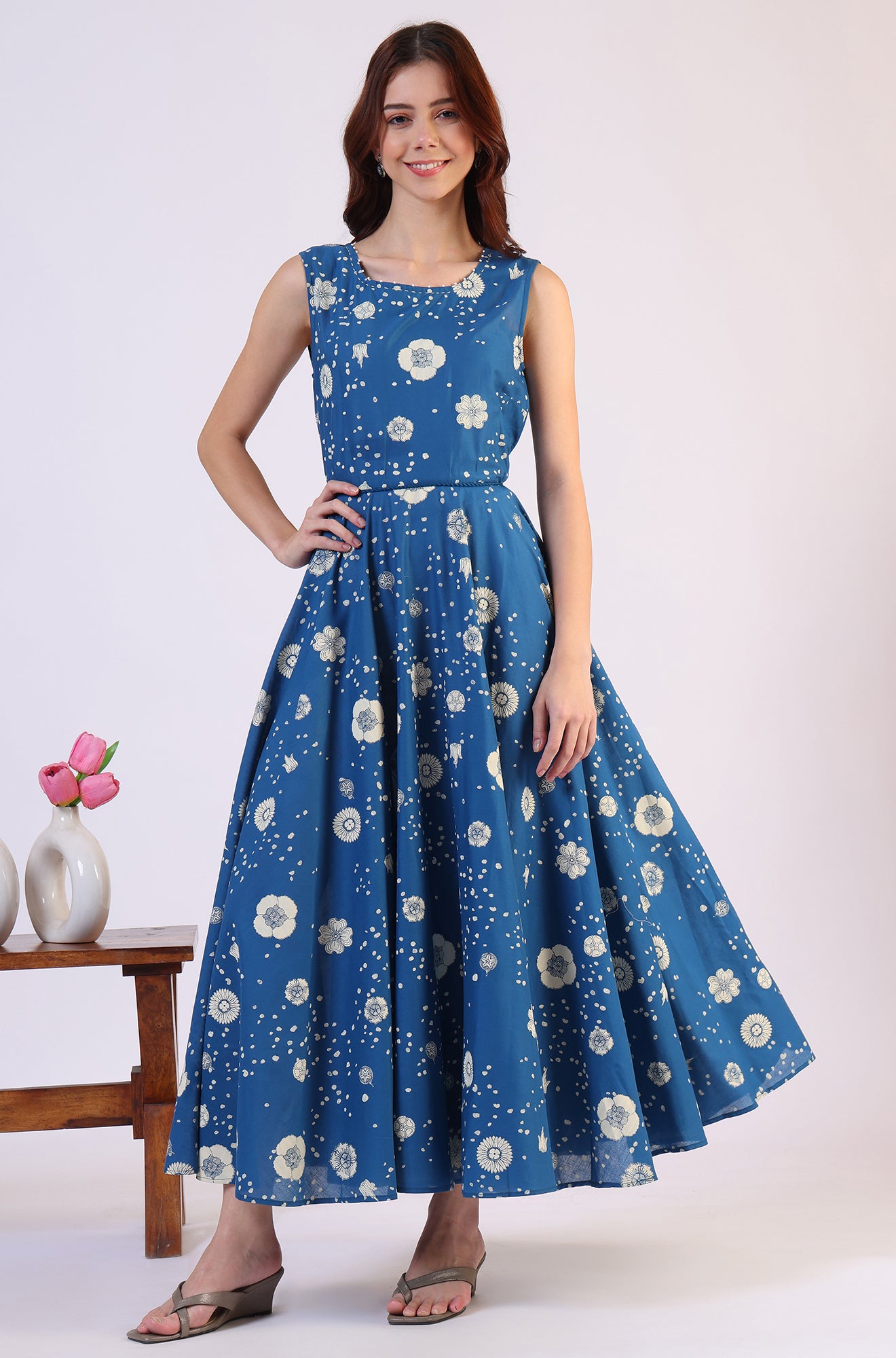 Ocean Blue Floral Printed Pure Cotton Flared Dress in Boat Neck