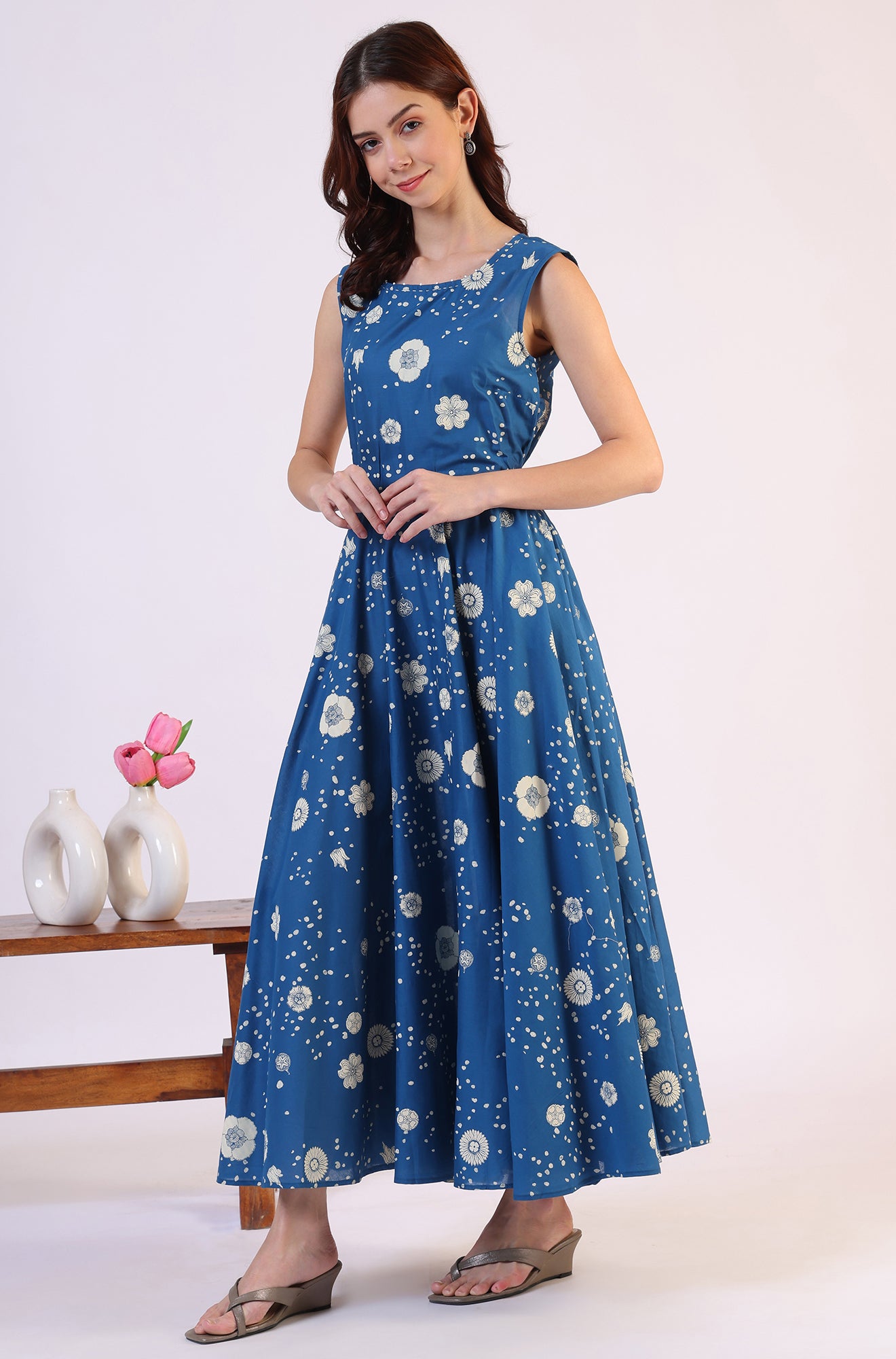 Ocean Blue Floral Printed Pure Cotton Flared Dress in Boat Neck