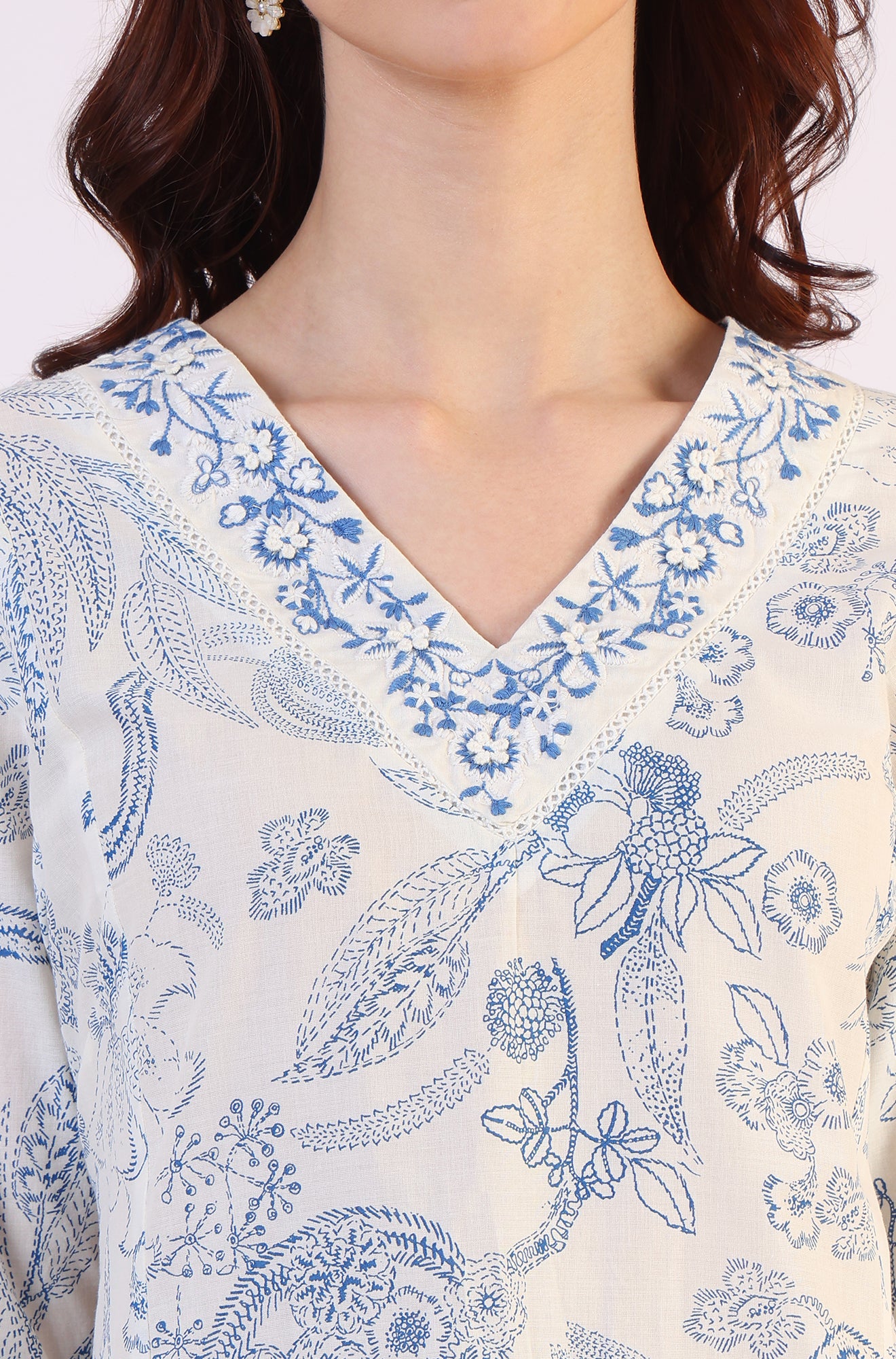 White Floral Printed Pure Cotton A-line Kurta with Kantha Embroidery