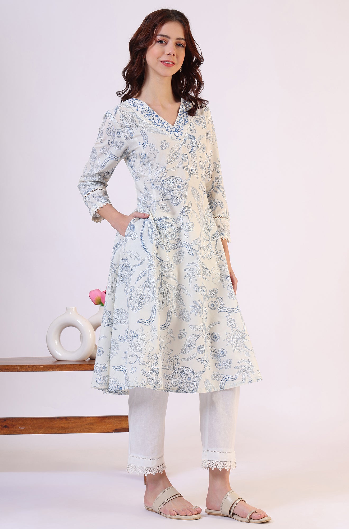 White Floral Printed Pure Cotton A-line Kurta with Kantha Embroidery