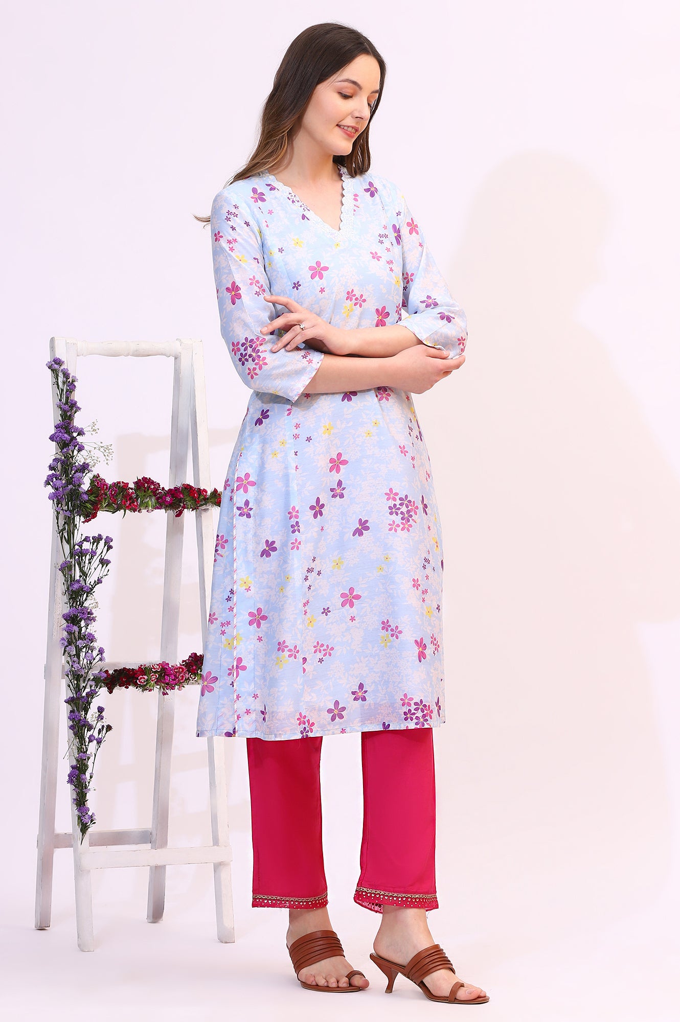 Sky Blue Floral Printed Sequined Chanderi Straight Kurta with Scalloped Neck
