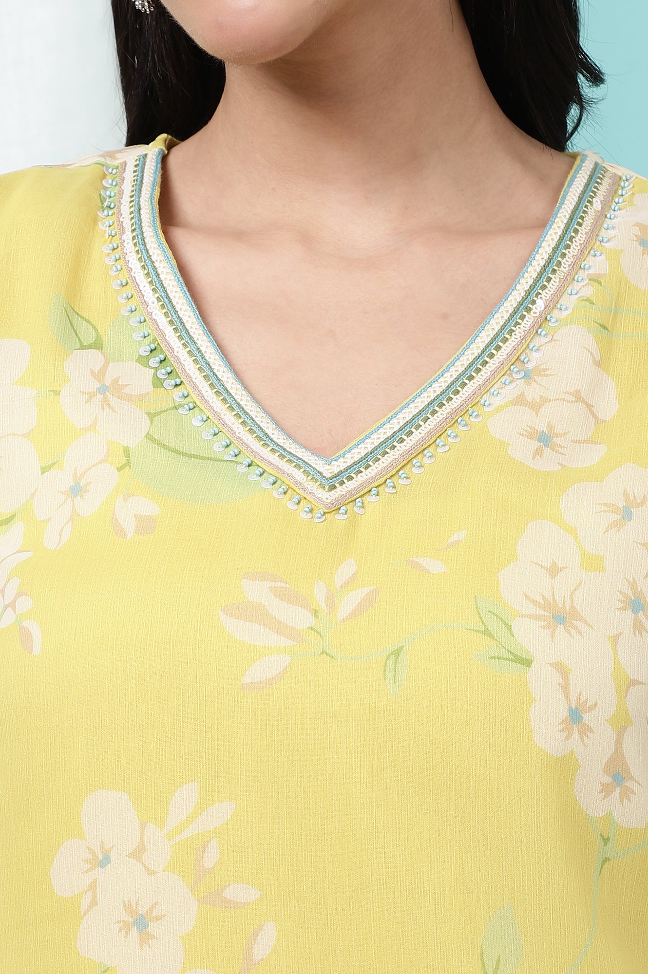 Yellow Floral Printed Chiffon Flared Kurta with Beads