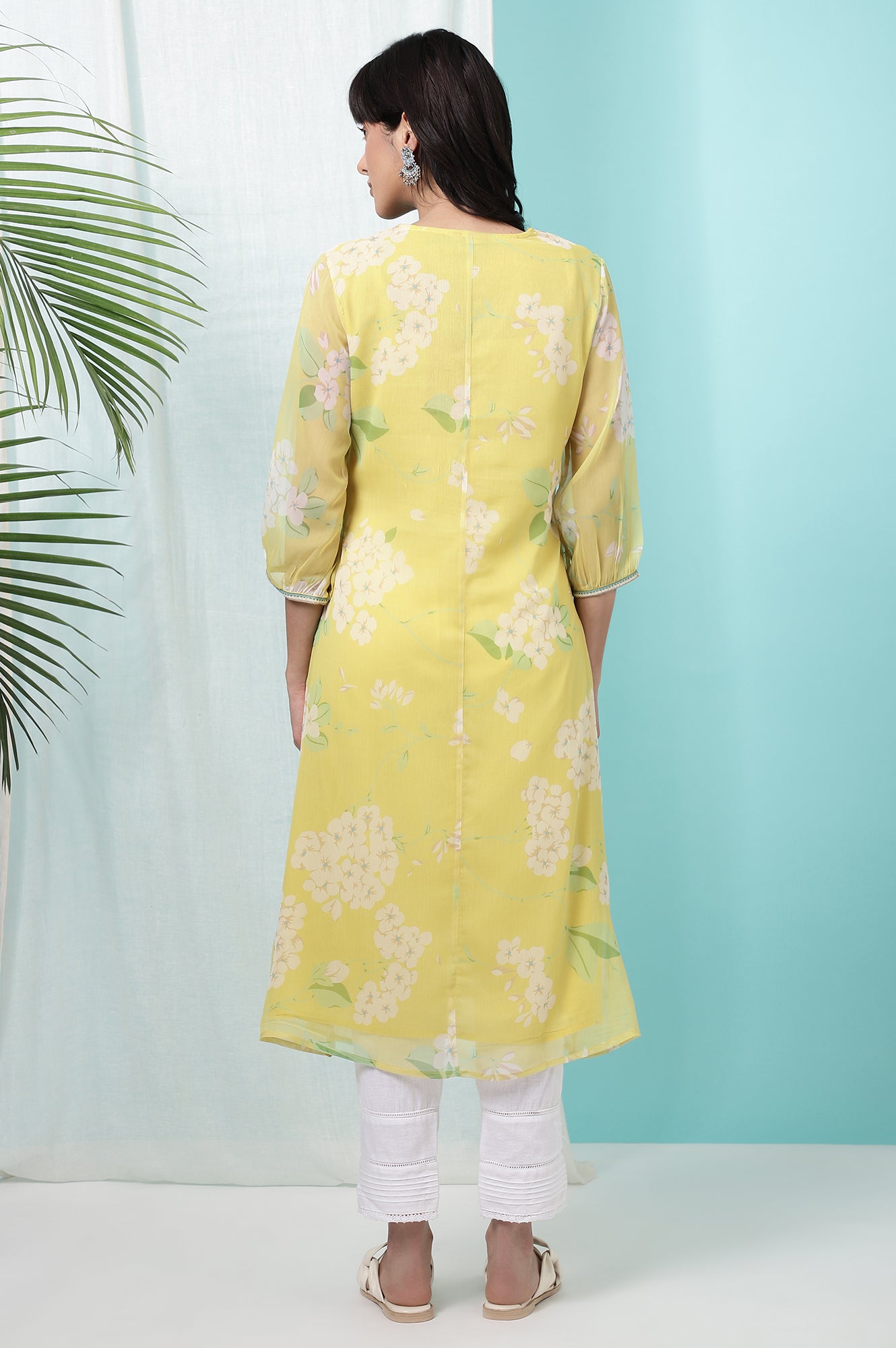 Yellow Floral Printed Chiffon Flared Kurta with Beads