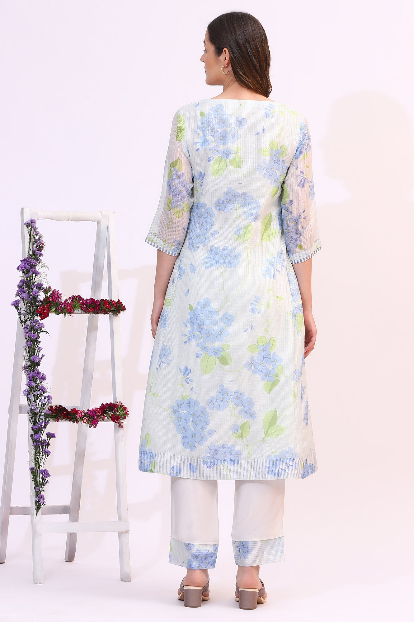 Off-White Floral Printed Kota Flared Kurta