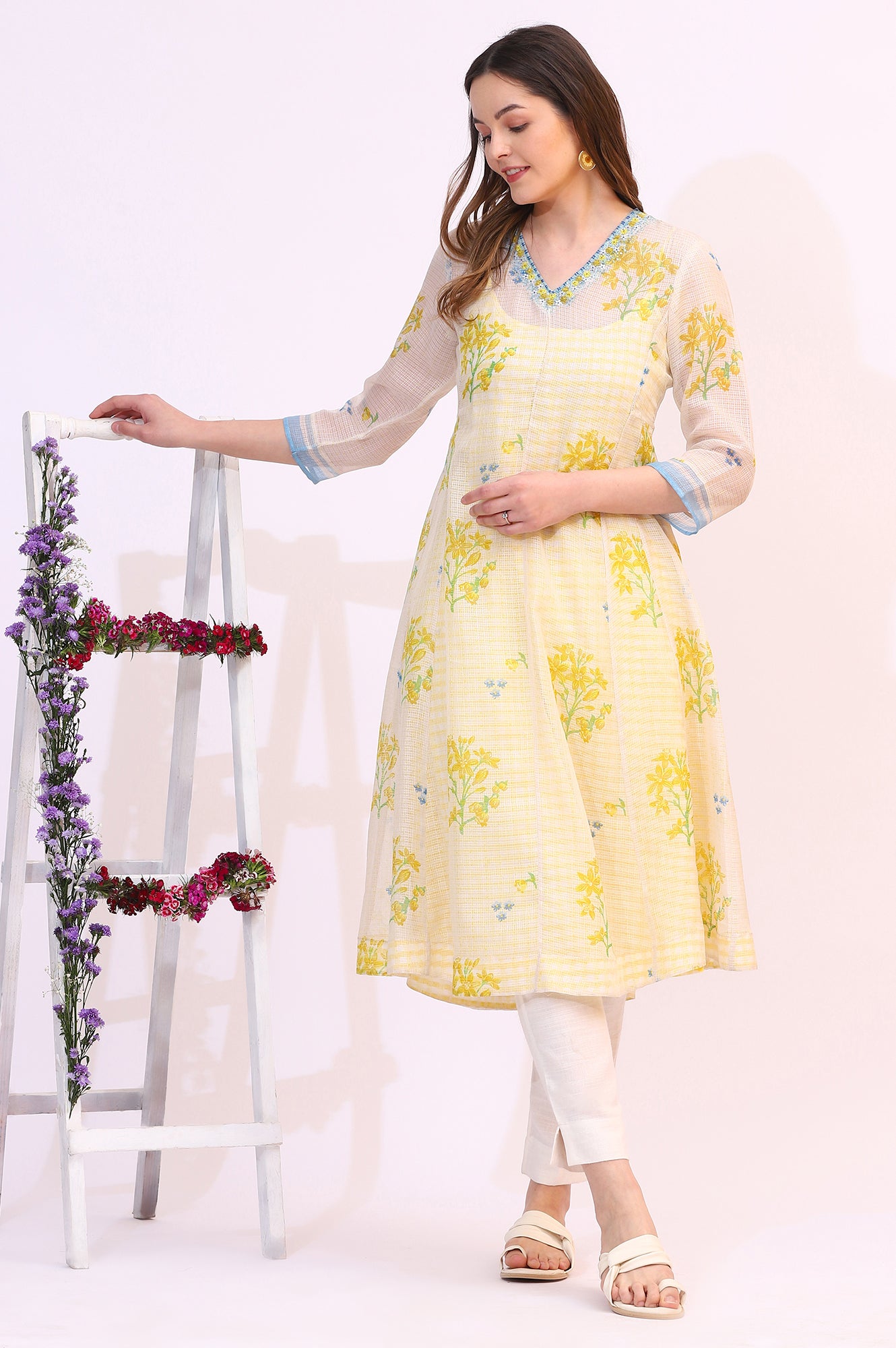 White Floral Printed Sequined Kota Layered Kurta