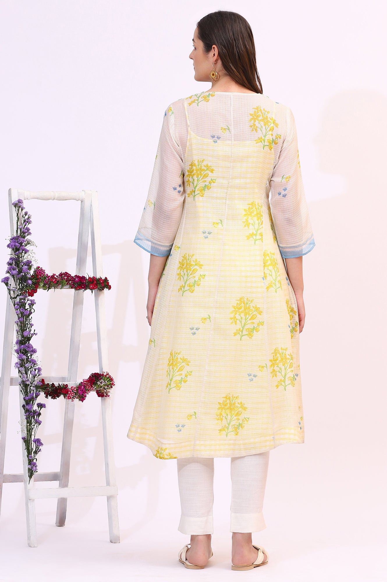 White Floral Printed Sequined Kota Layered Kurta