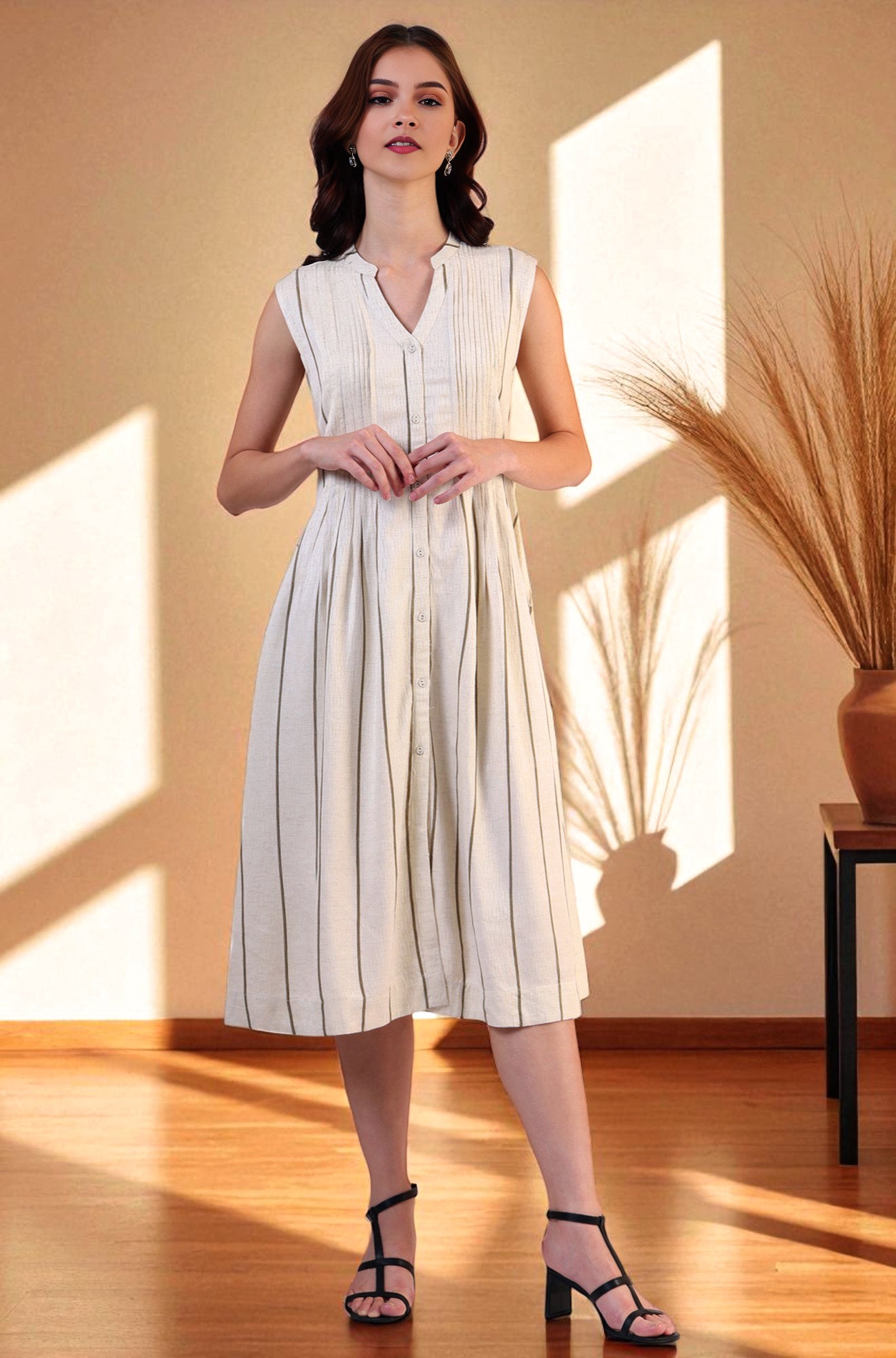 Buy Off -White Striped Cotton Blend Flared Western Dress Online for Woman | WforWoman Buy Off -White Striped Cotton Blend Flared Western Dress Online for Woman | WforWoman