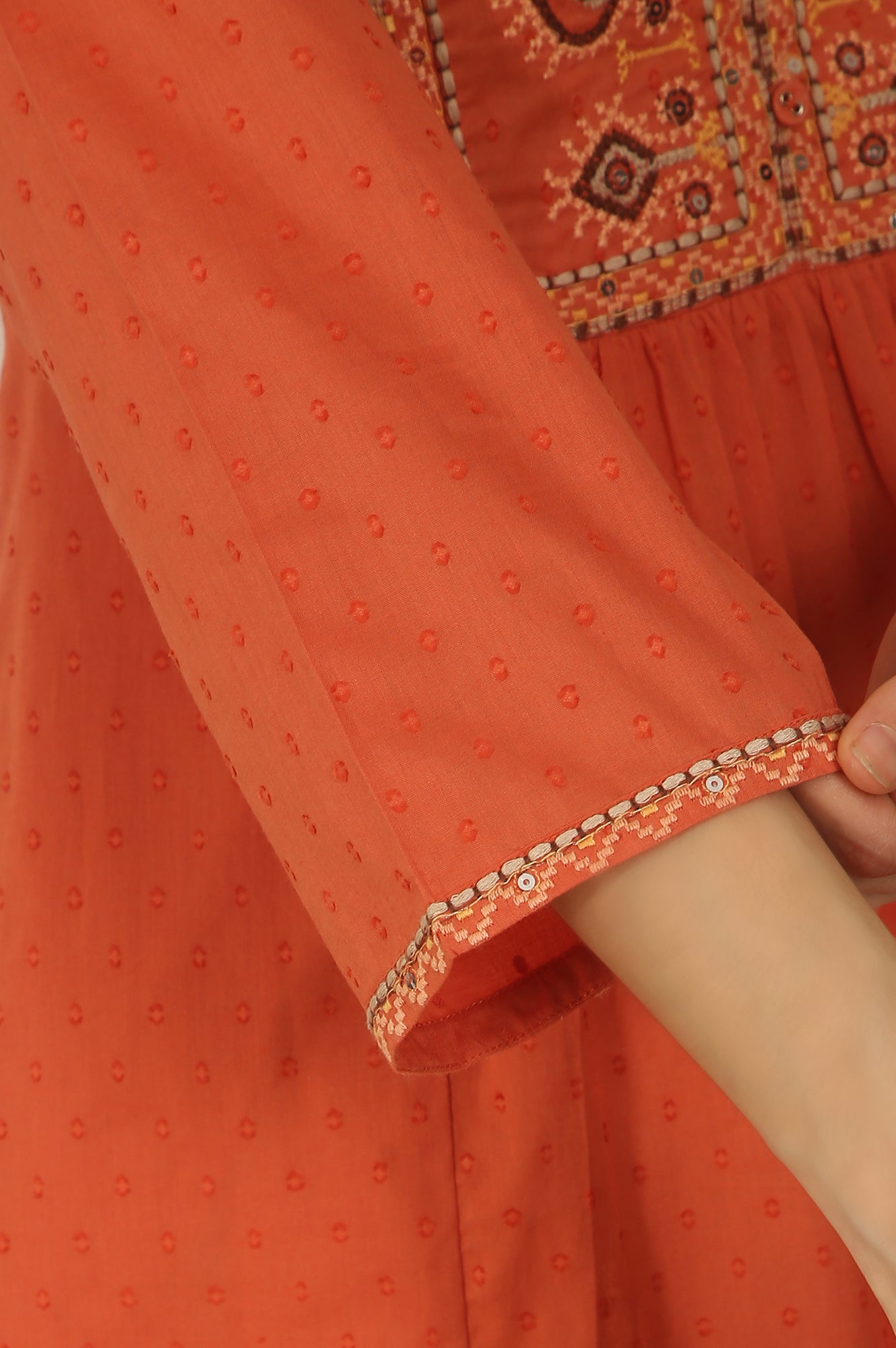 Orange Thread Embroidered Swiss Dot Cotton Flared Kurta