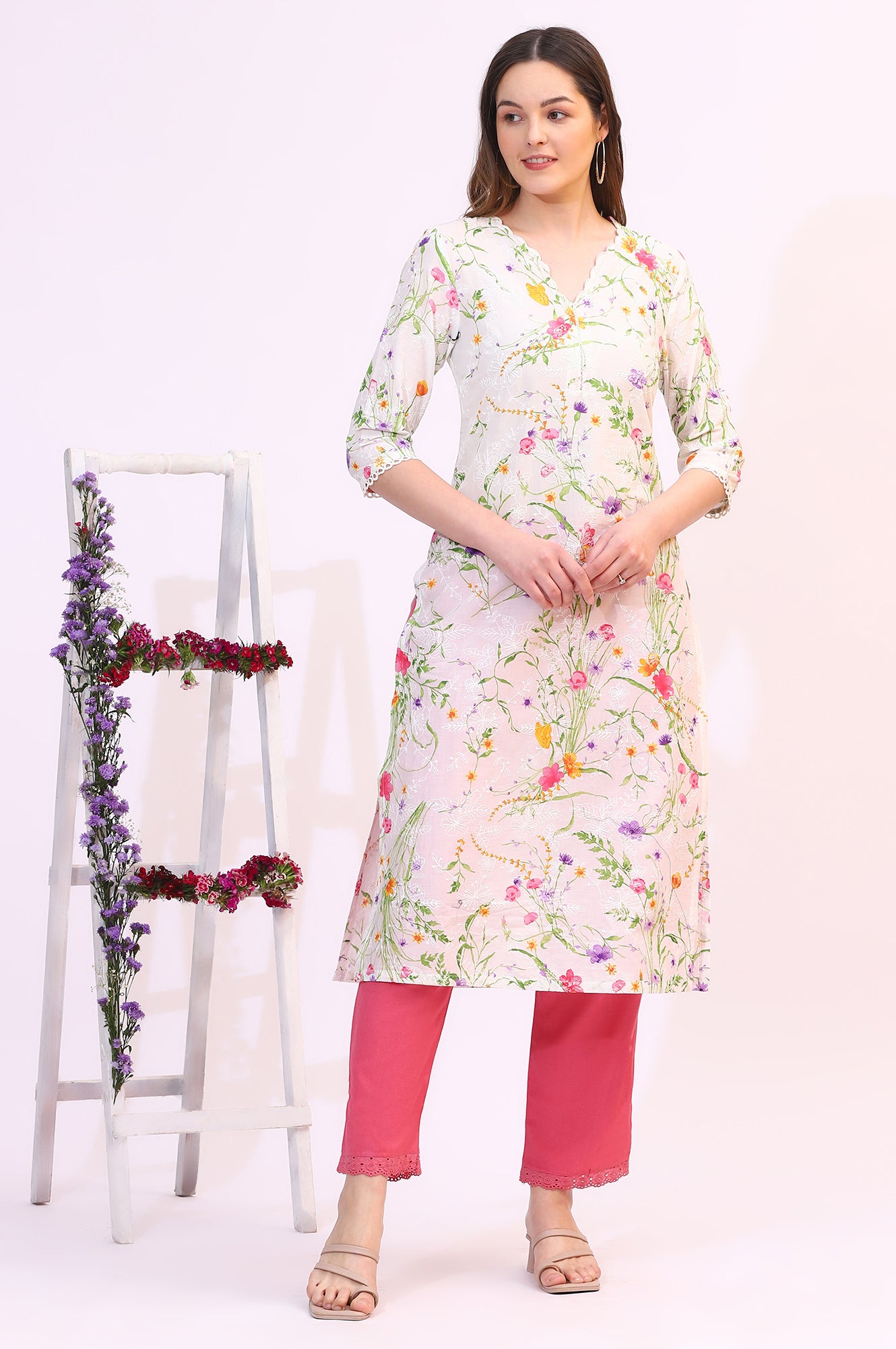 White Floral Printed Textured Schiffli Embroidered Straight Kurta