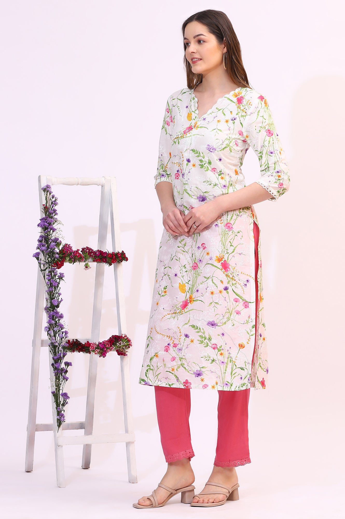 White Floral Printed Textured Schiffli Embroidered Straight Kurta