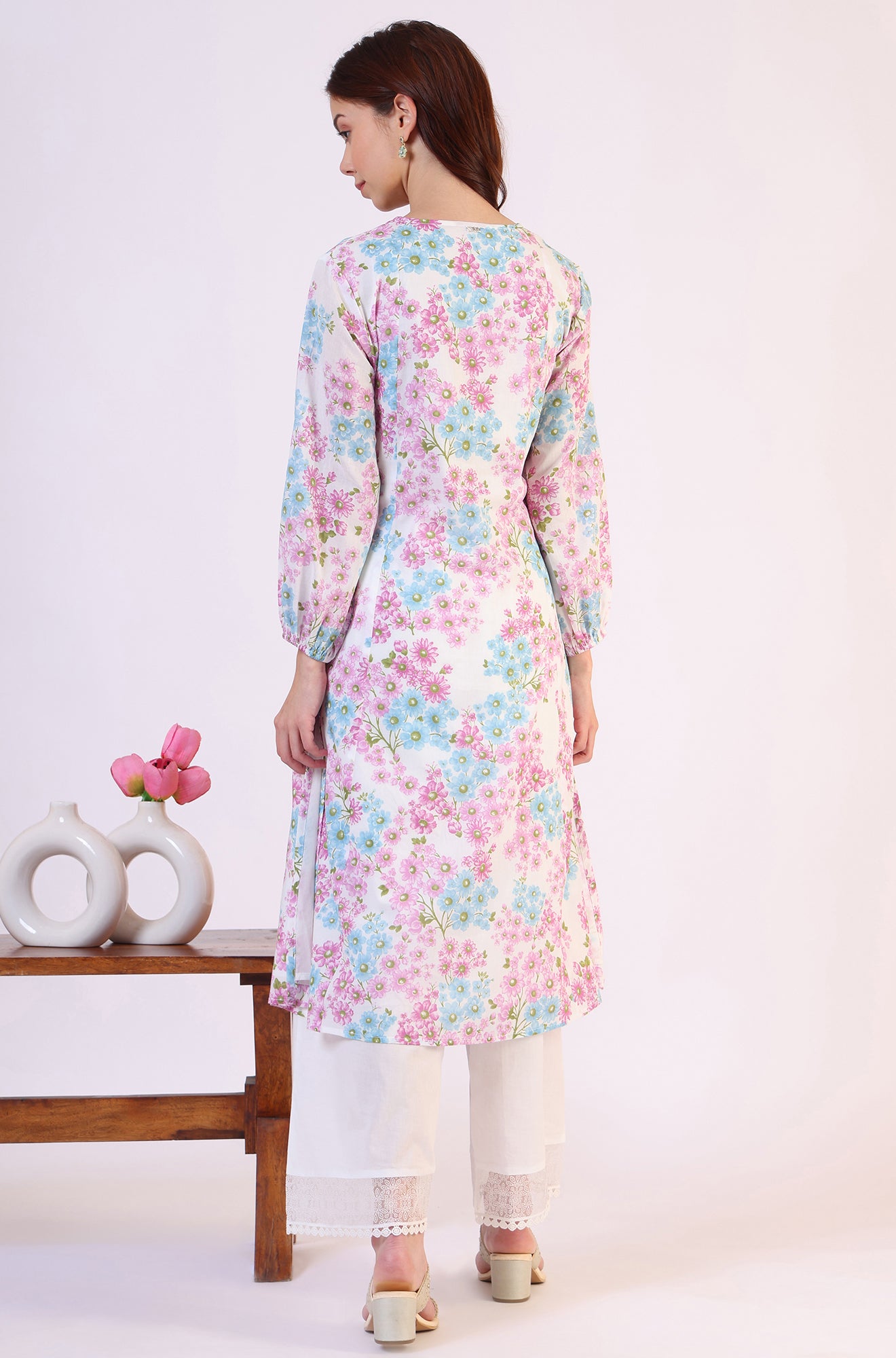 Purple Floral Printed Flared Pure Cotton Kurta With Embroidered Neck