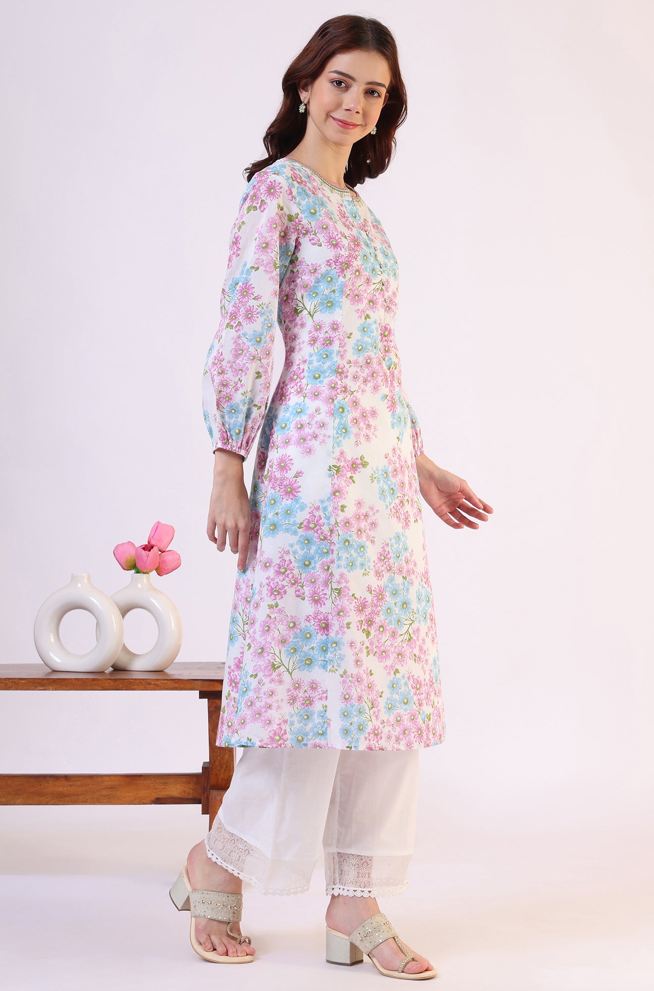 Purple Floral Printed Flared Pure Cotton Kurta With Embroidered Neck
