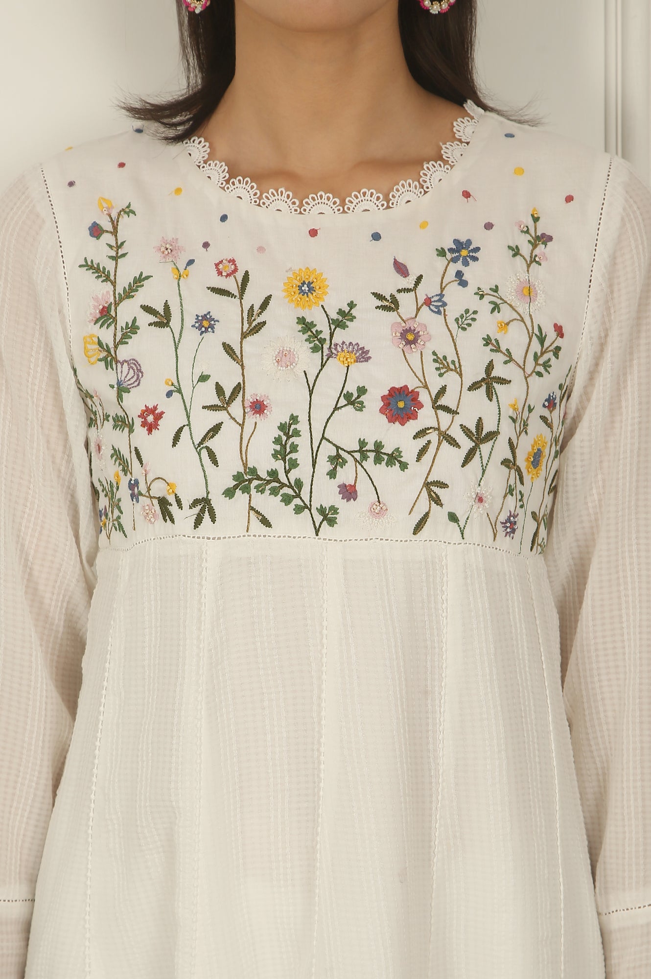 White Floral Embroidered Yoke Pure Cotton Anarkali Kurta