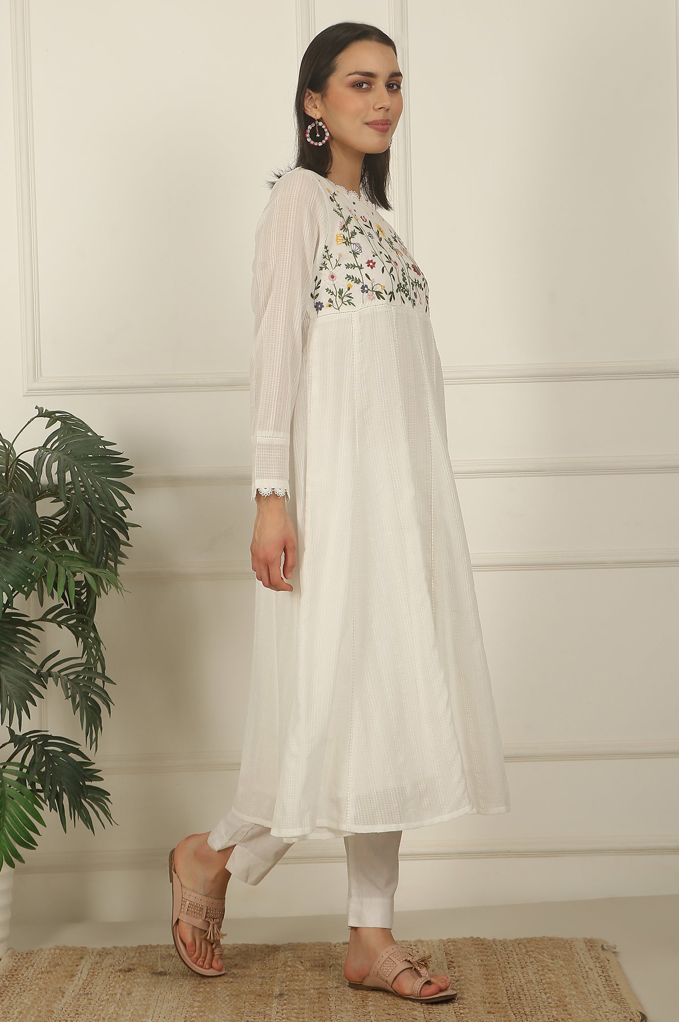 White Floral Embroidered Yoke Pure Cotton Anarkali Kurta