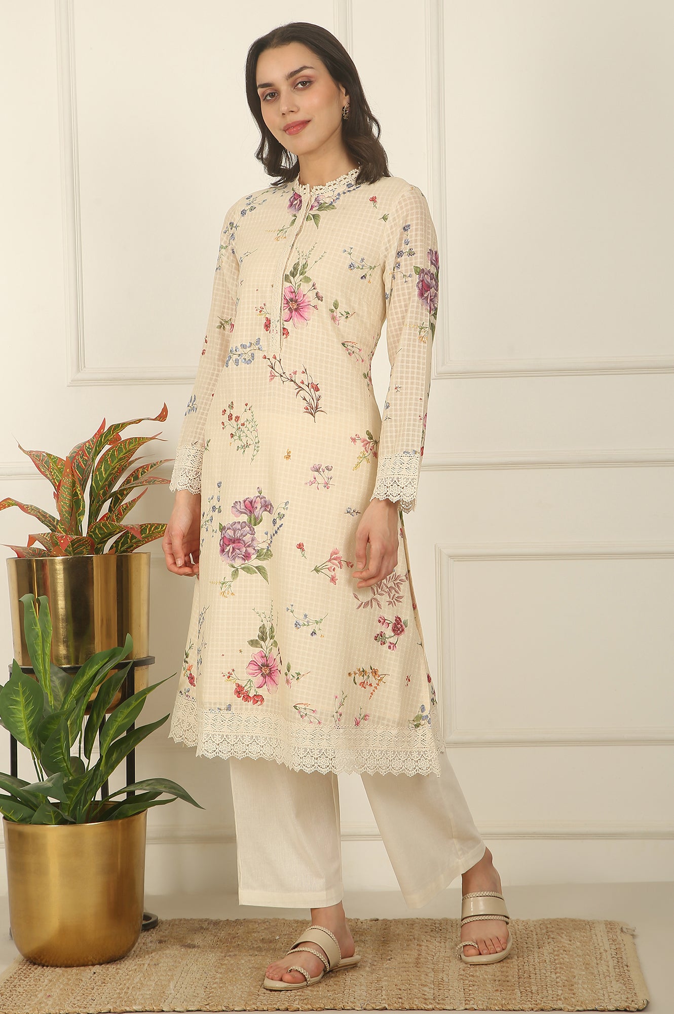 Off-White Floral Printed Checker Cotton A-line Kurta