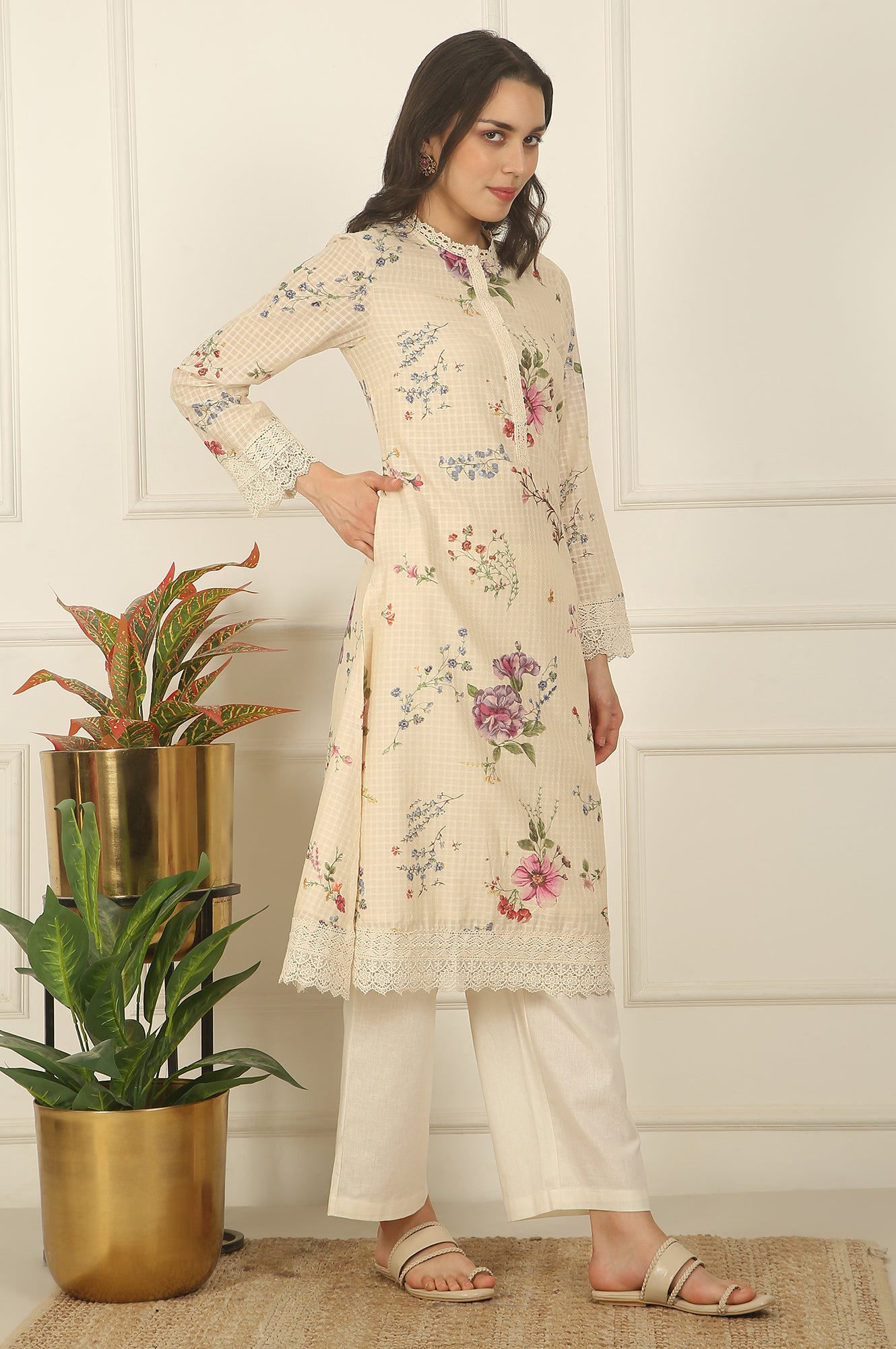 Off-White Floral Printed Checker Cotton A-line Kurta