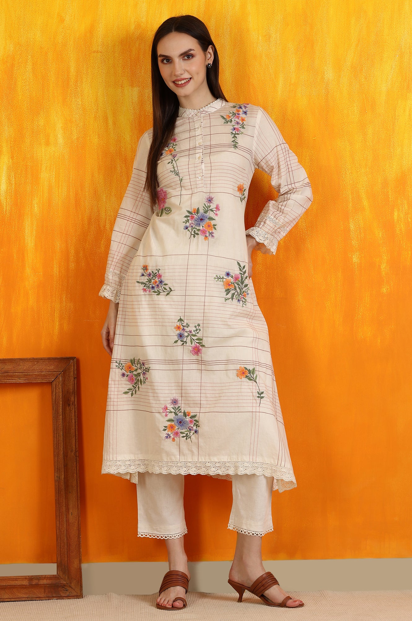 White Checker Floral Embroidered Pure Cotton A-line Kurta