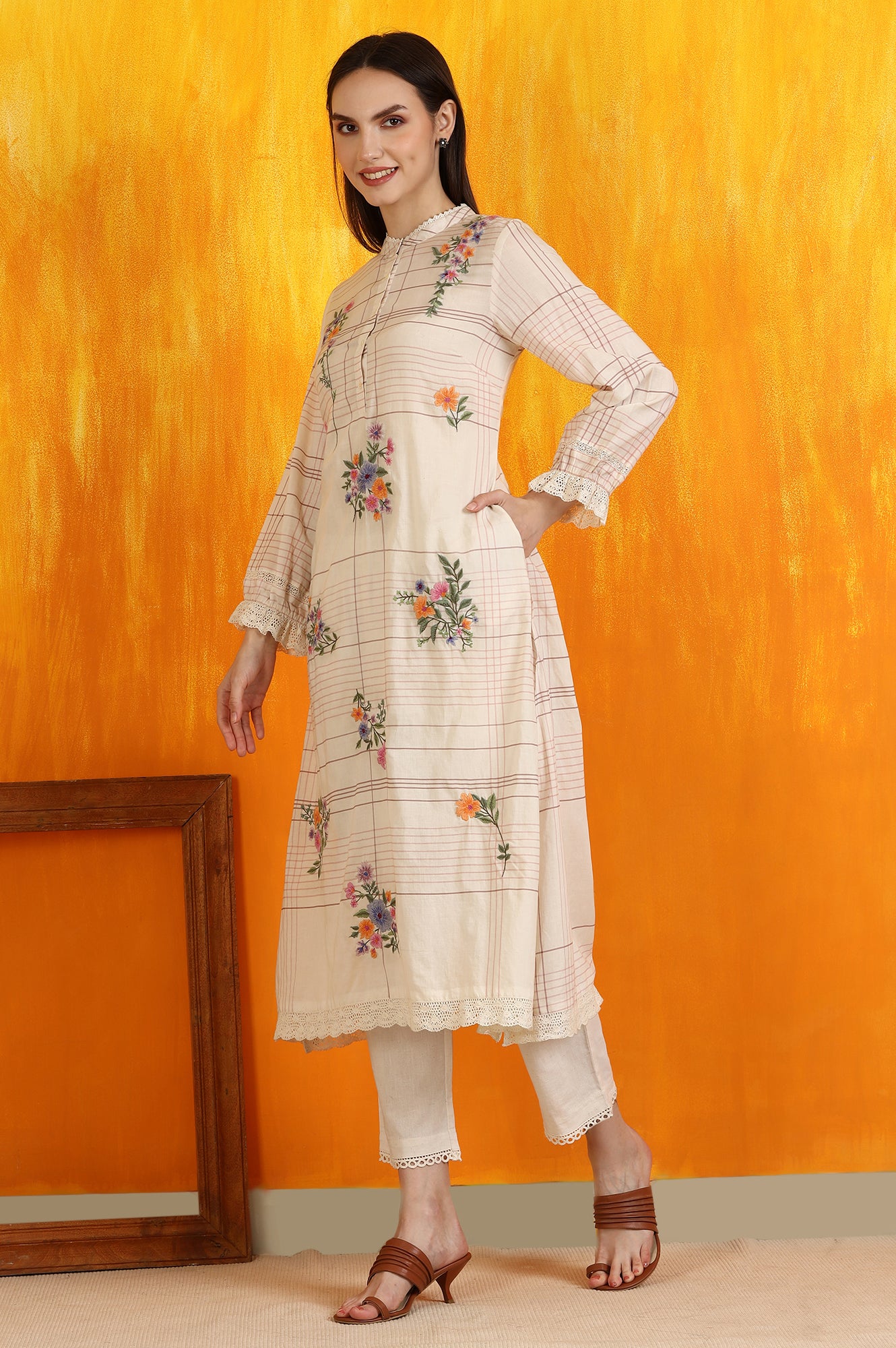 White Checker Floral Embroidered Pure Cotton A-line Kurta