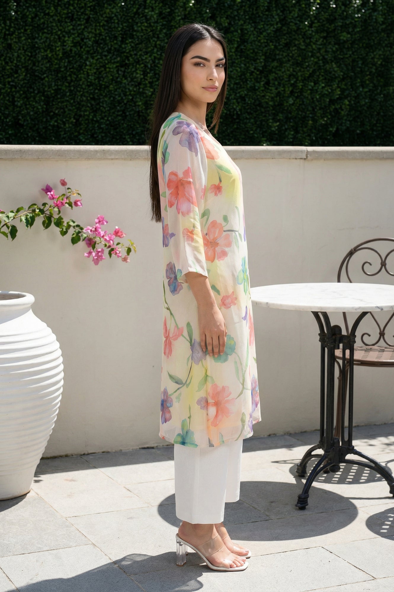 Cream Floral Printed Beadwork Silver Chiffon Straight Kurta