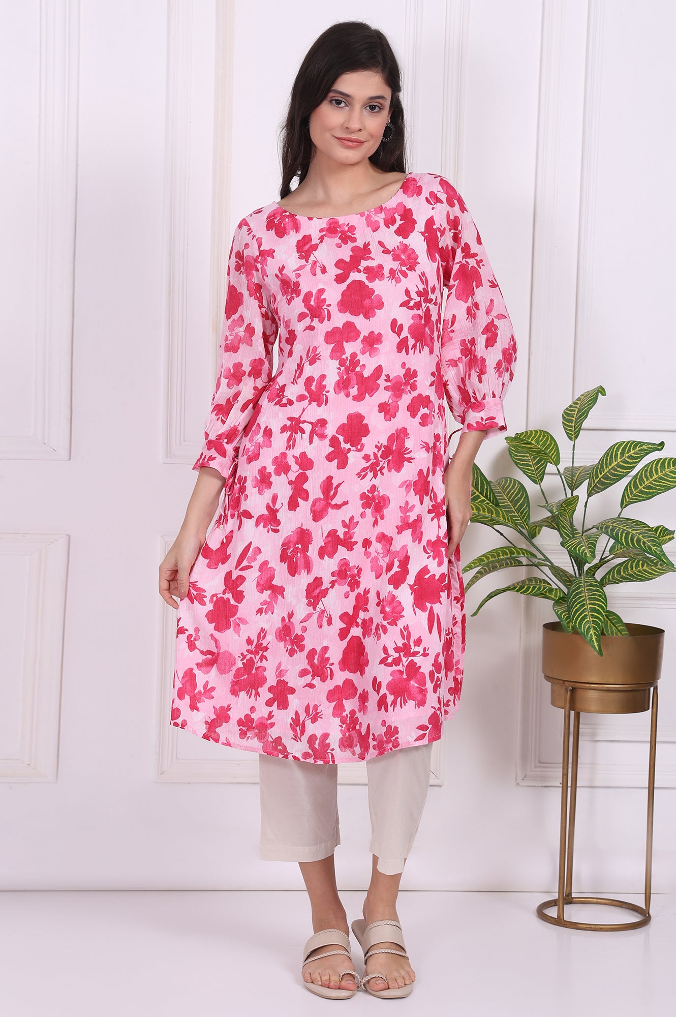 Pink Floral Printed Cotton Crepe Curved A-line Kurta