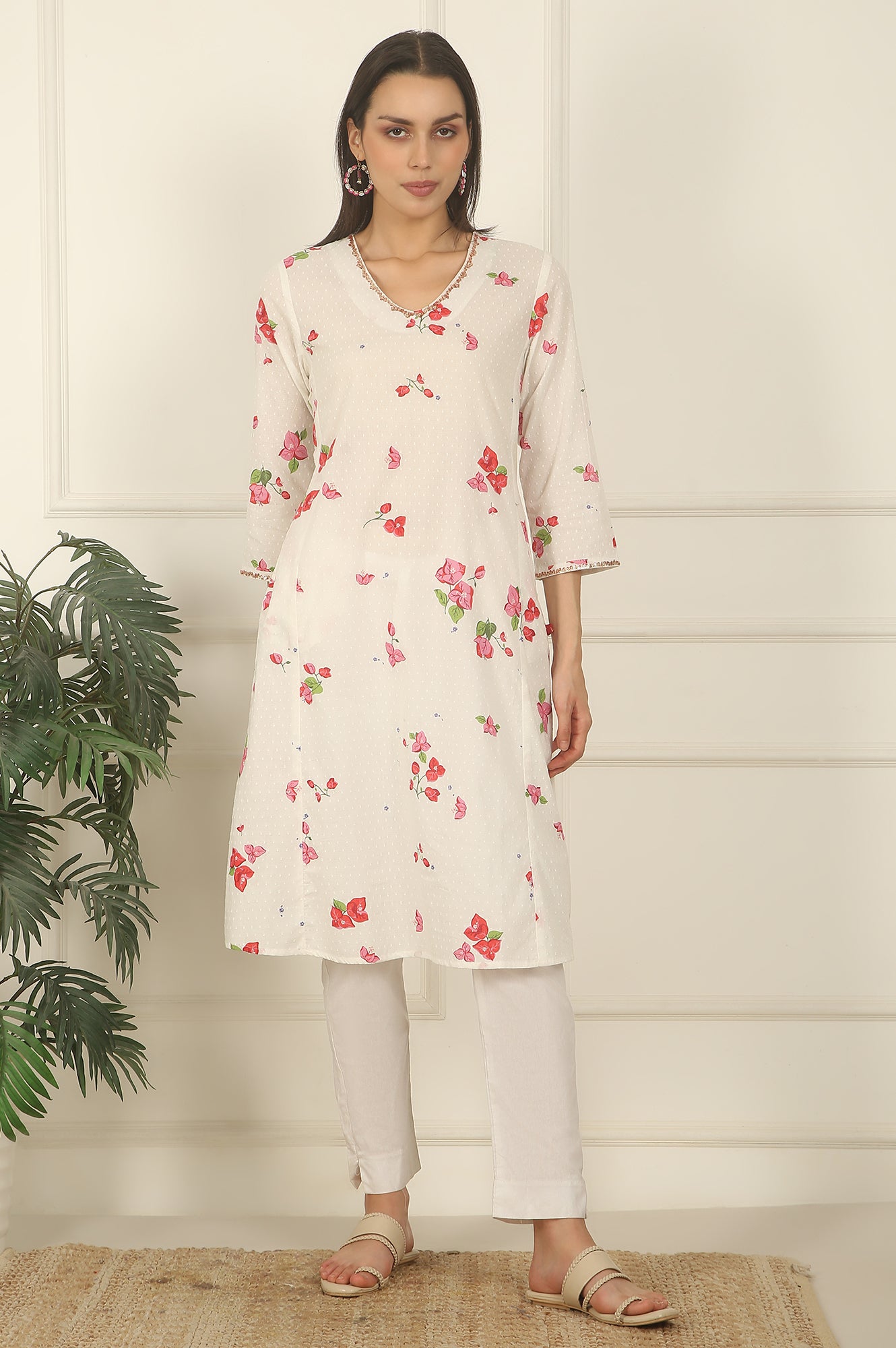 White Floral Printed Swiss Dot Cotton A-line Kurta