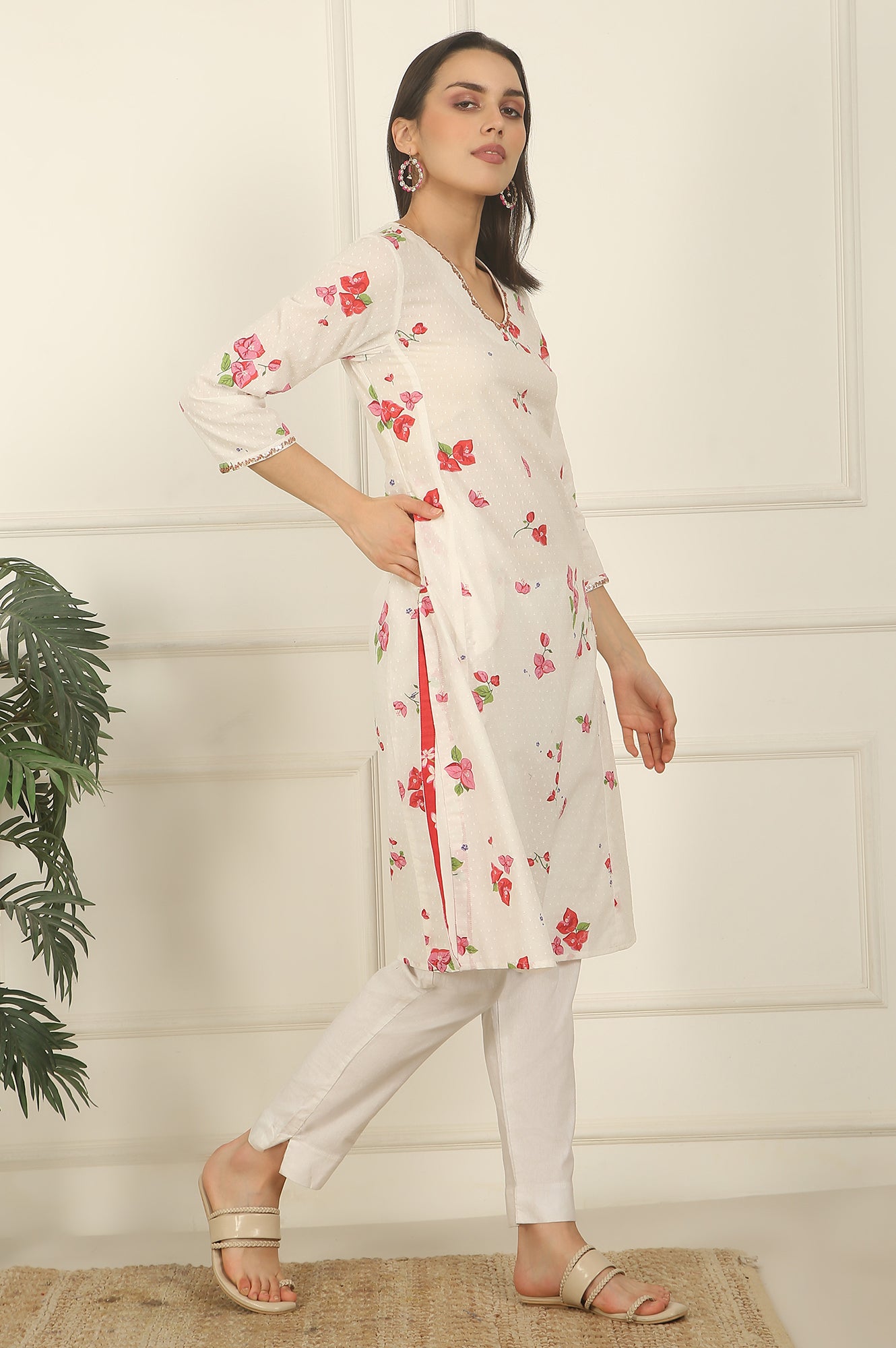 White Floral Printed Swiss Dot Cotton A-line Kurta