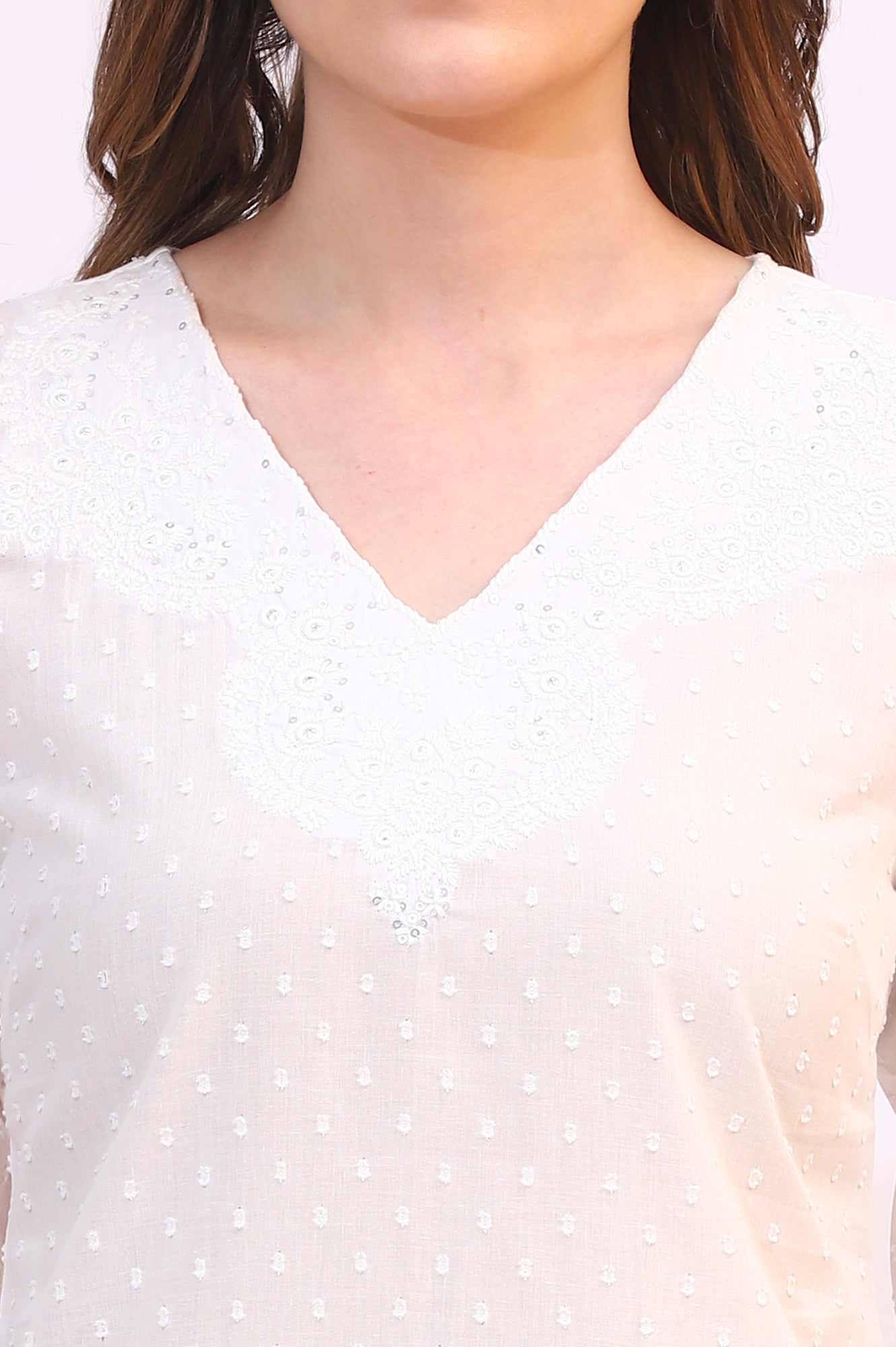 White Mirror Work Pure Cotton Straight Kurta