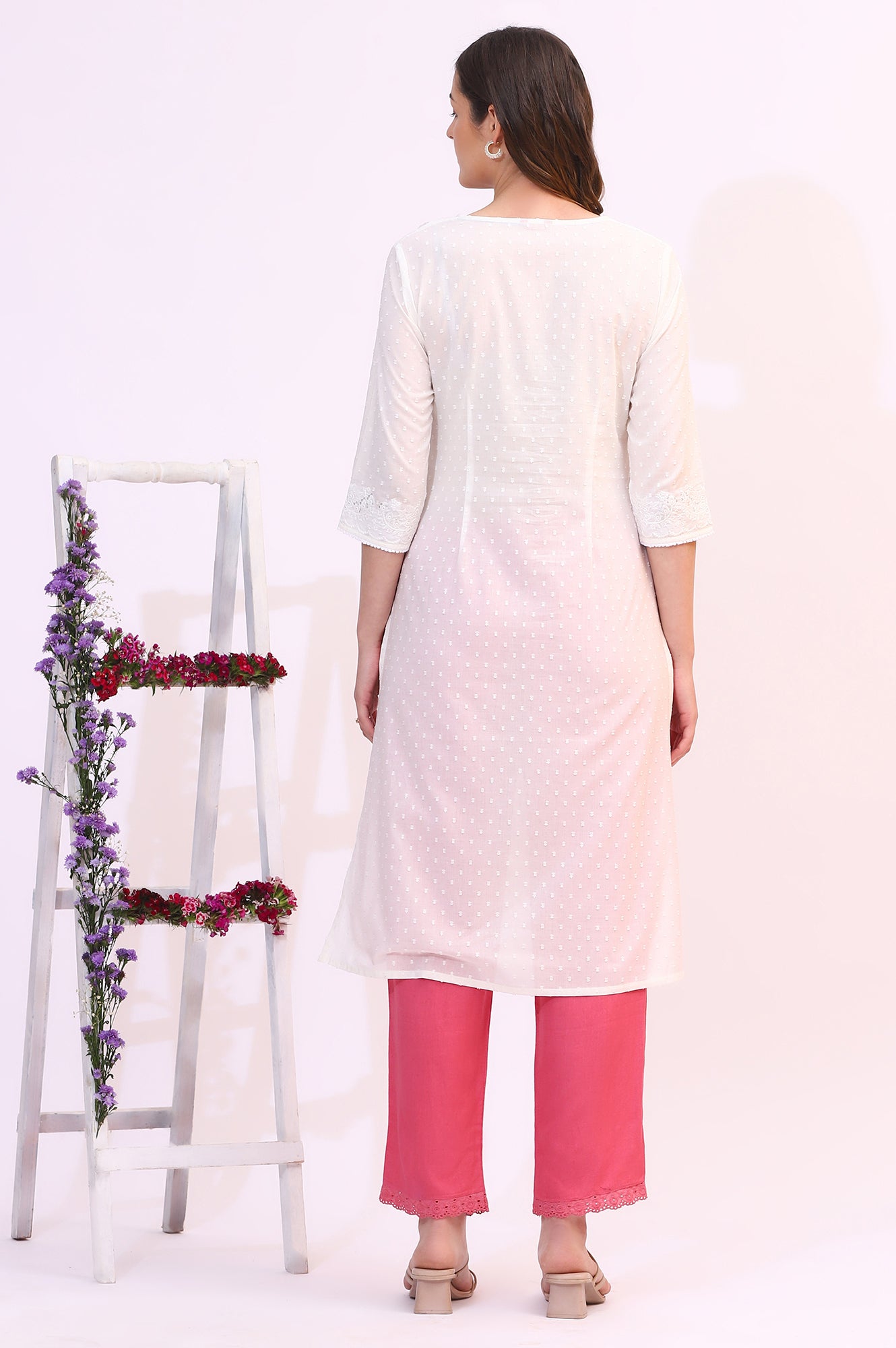 White Mirror Work Pure Cotton Straight Kurta