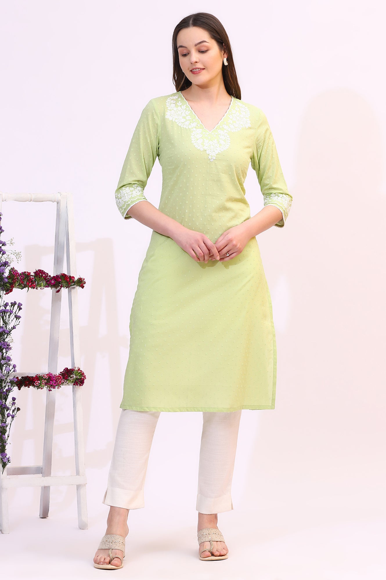 Pistachio Green Mirror Work Pure Cotton Straight Kurta