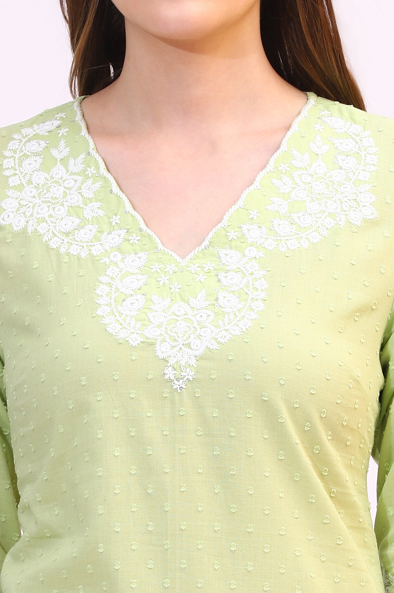 Pistachio Green Mirror Work Pure Cotton Straight Kurta