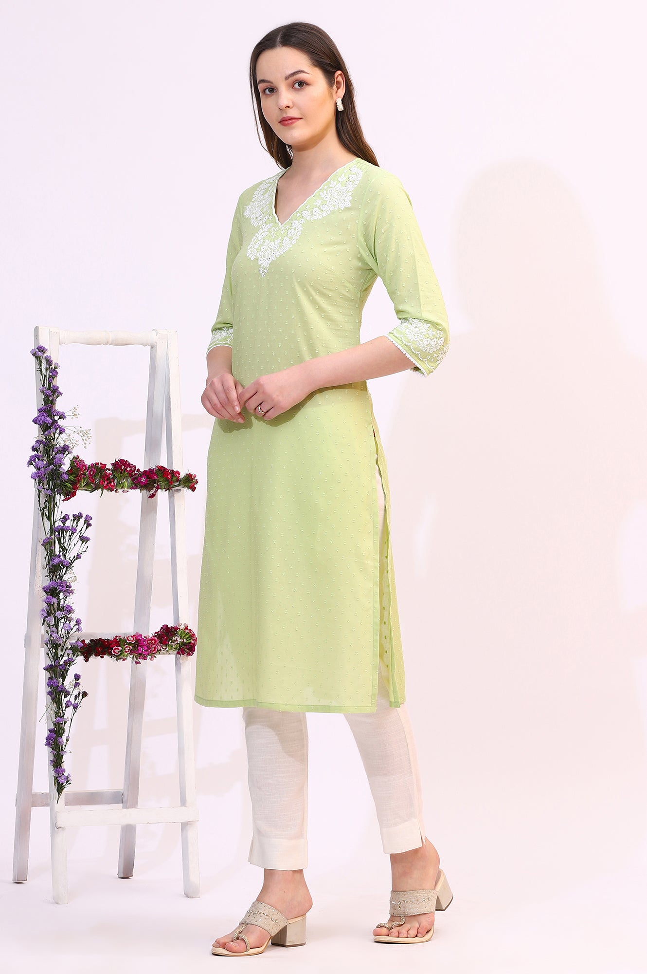 Pistachio Green Mirror Work Pure Cotton Straight Kurta