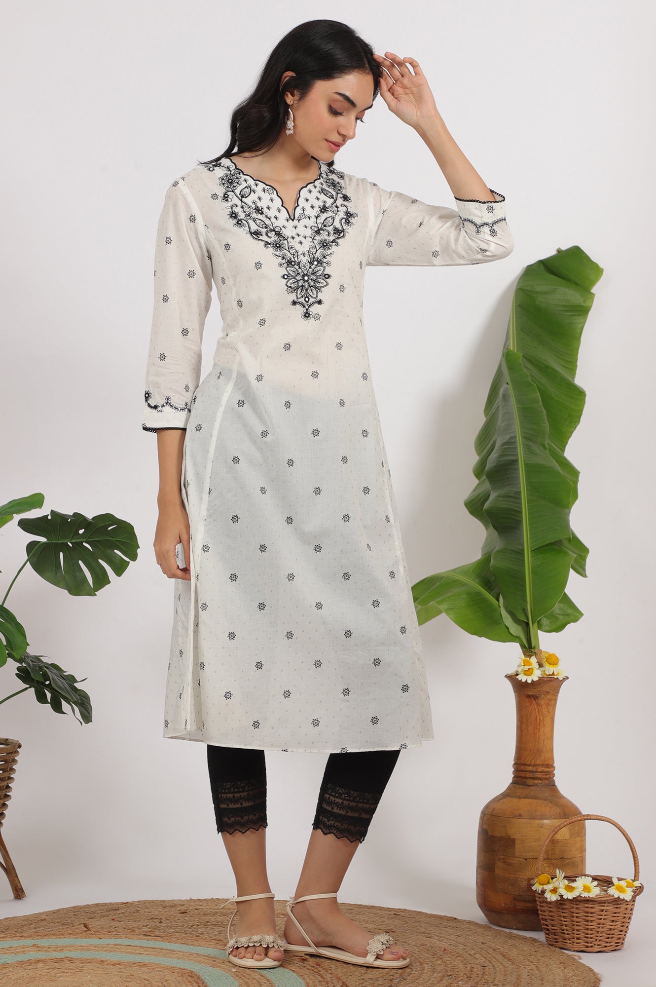 White Printed Cotton Lurex Dobby Flared Kurta with Embroidered Yoke